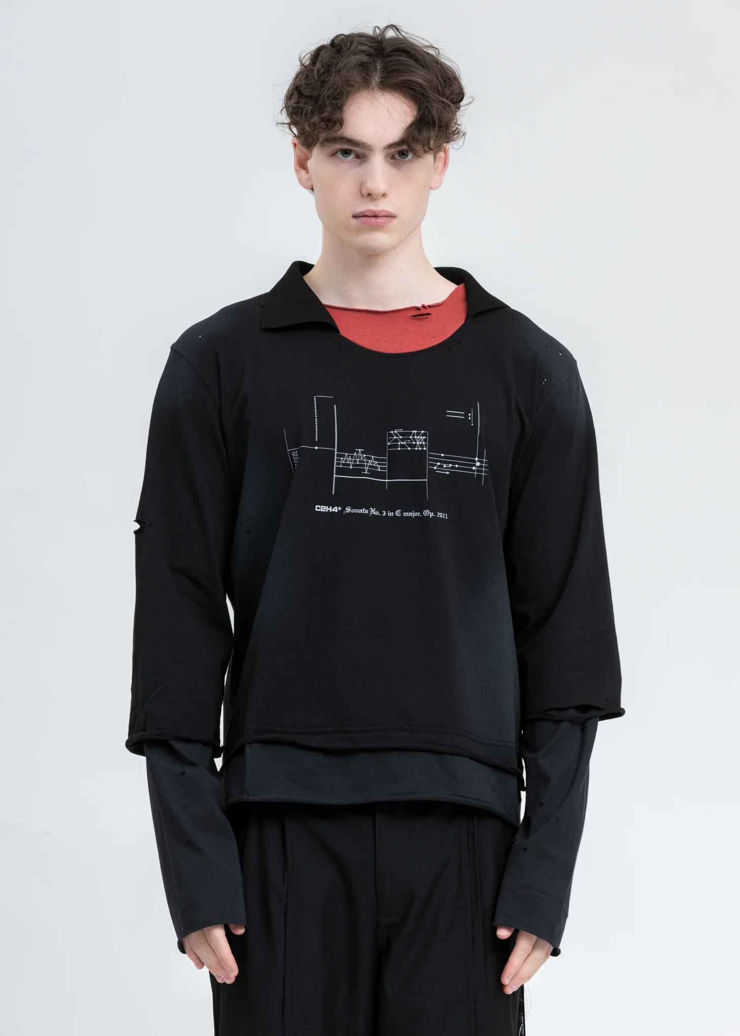 Black And Grey Panelled Distressed Double Layer Long Sleeve