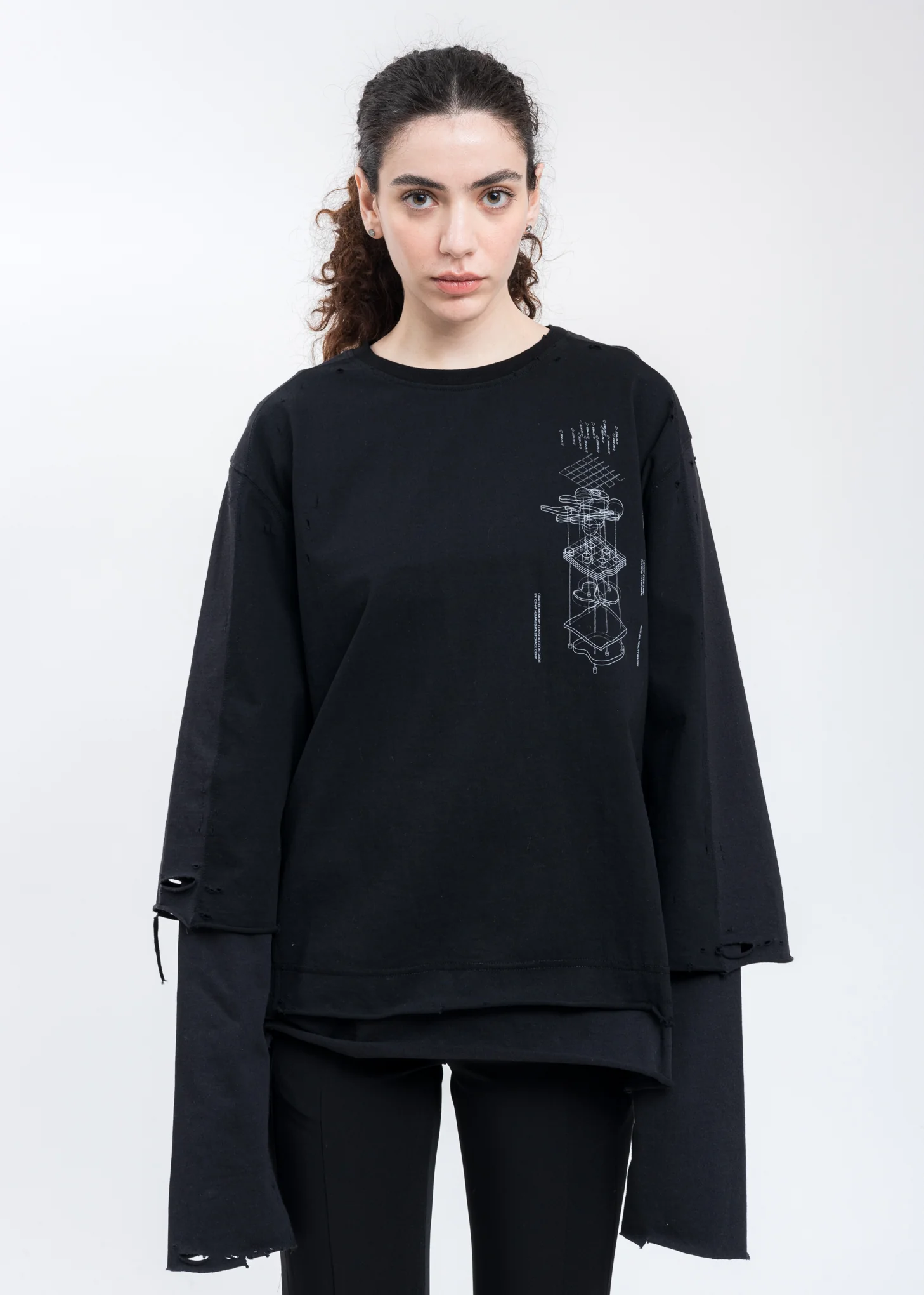 Black And Grey Panelled Distressed Double Layer Long Sleeve