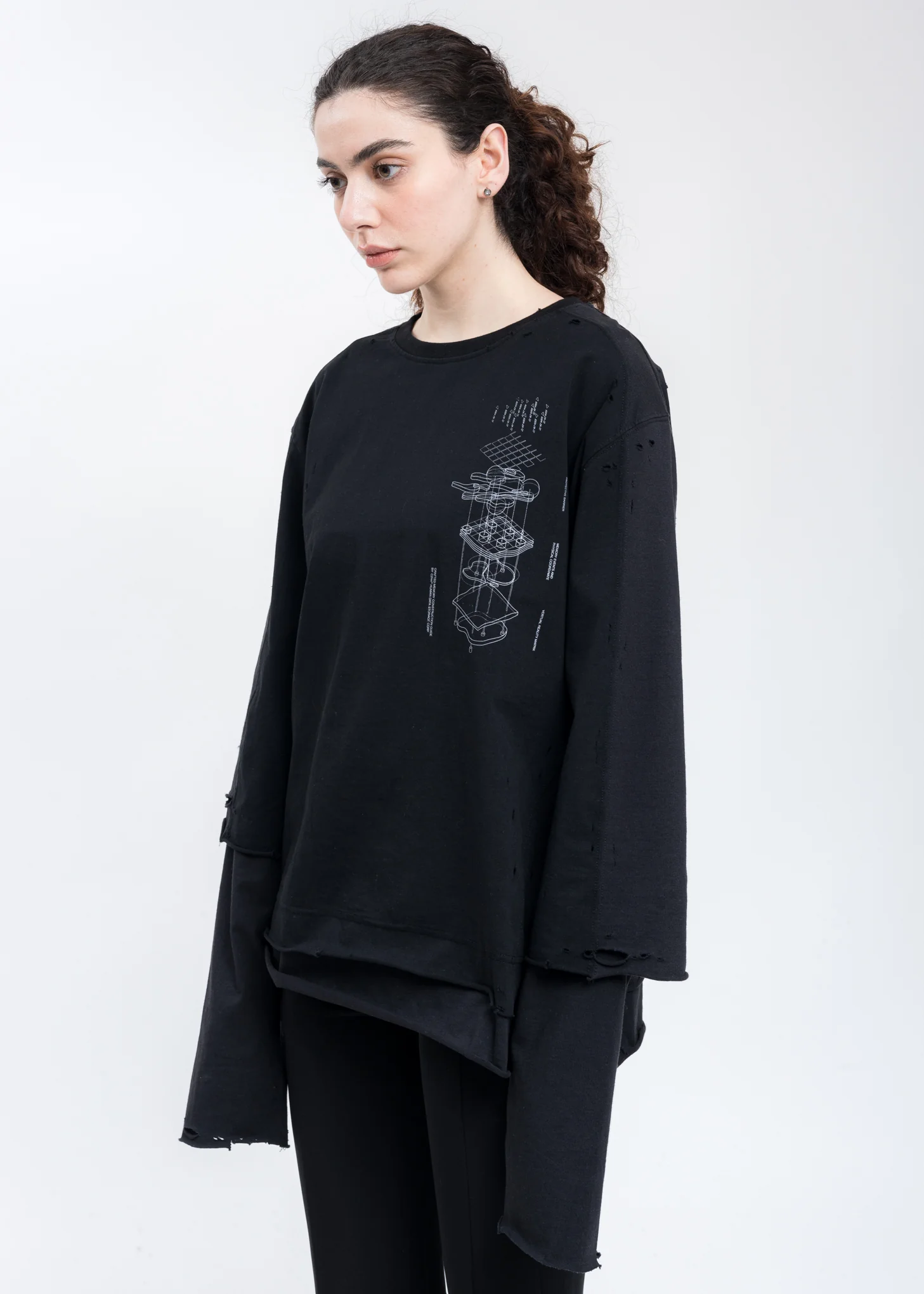 Black And Grey Panelled Distressed Double Layer Long Sleeve - Image 3