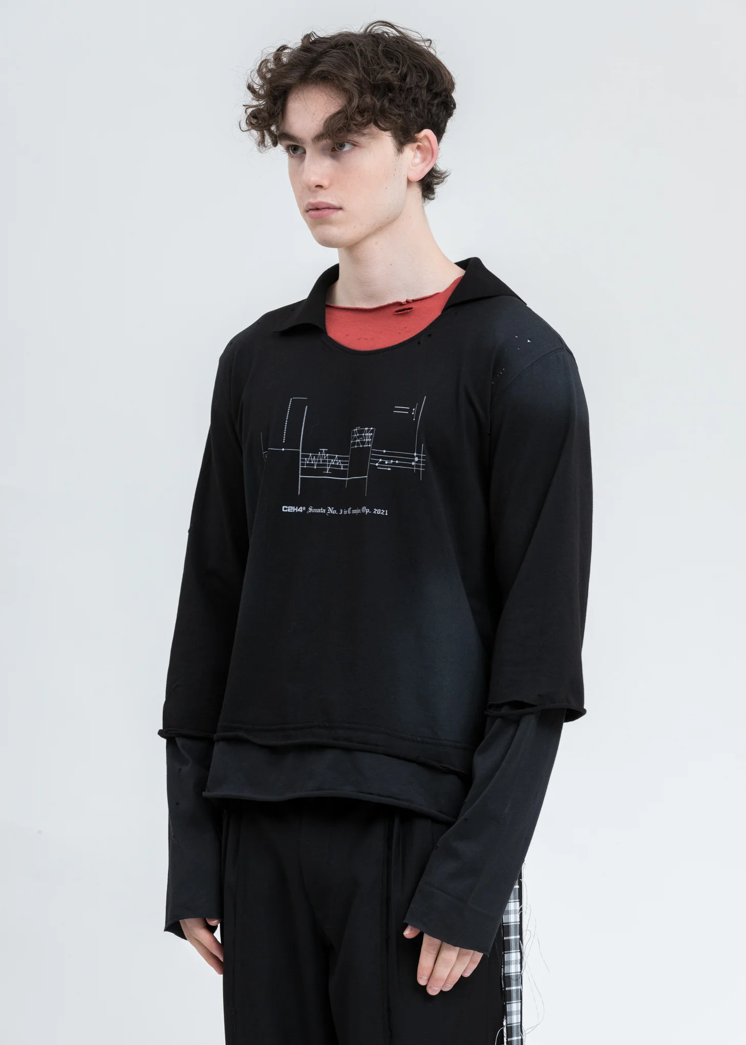 Black And Grey Panelled Distressed Double Layer Long Sleeve - Image 3