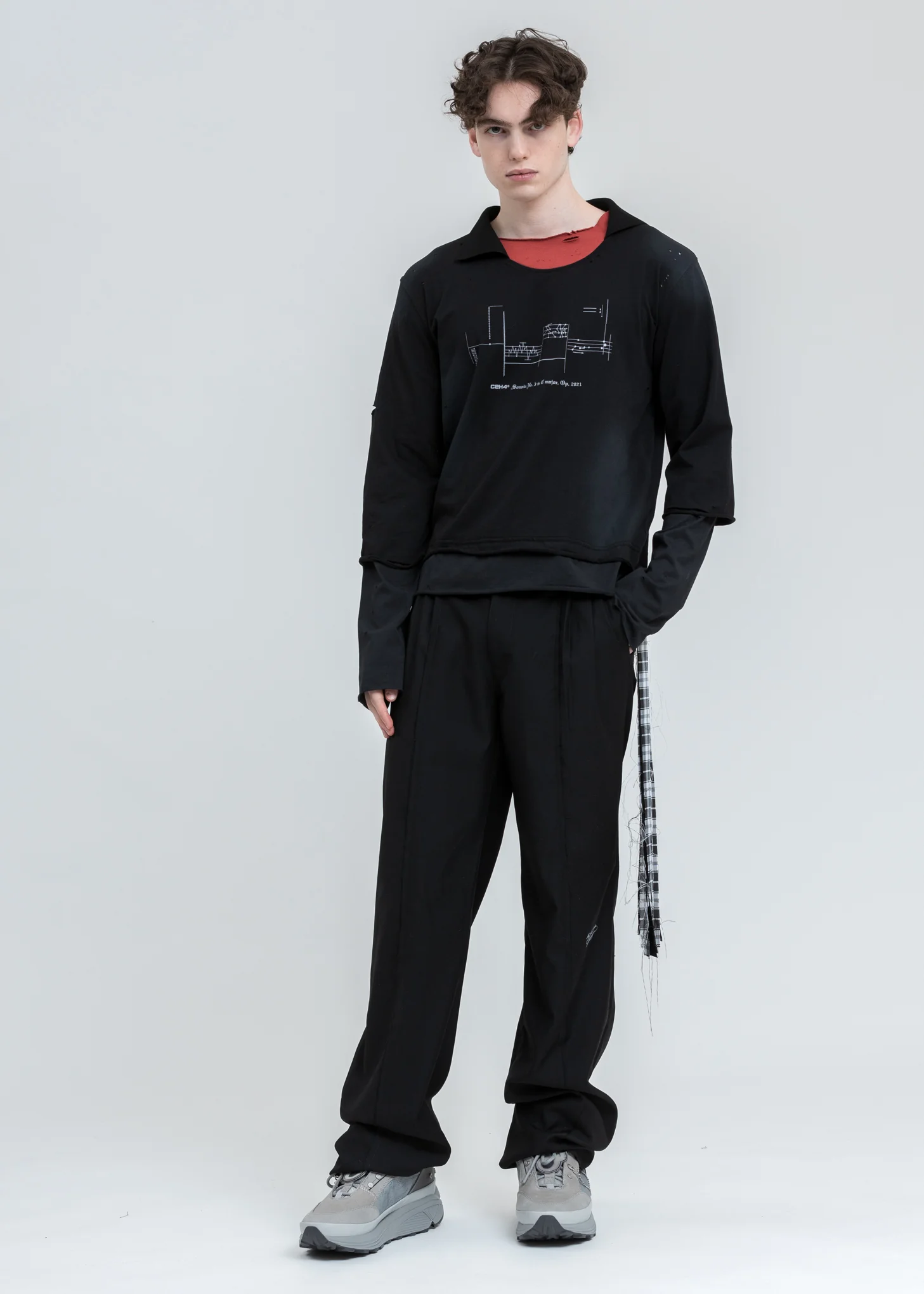 Black And Grey Panelled Distressed Double Layer Long Sleeve - Image 5