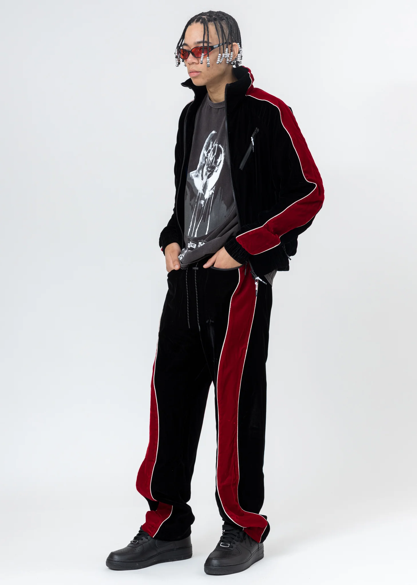 Black And Red ATT1%TUDE Reflective Line Velvet Pants - Image 2