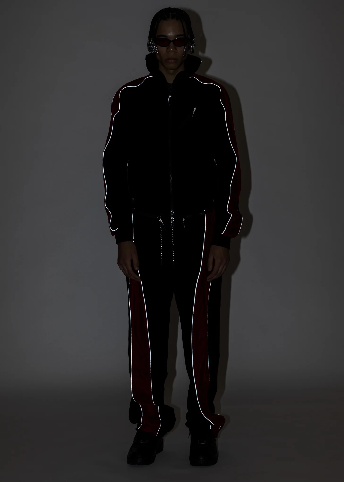 Black And Red ATT1%TUDE Reflective Line Velvet Pants - Image 8