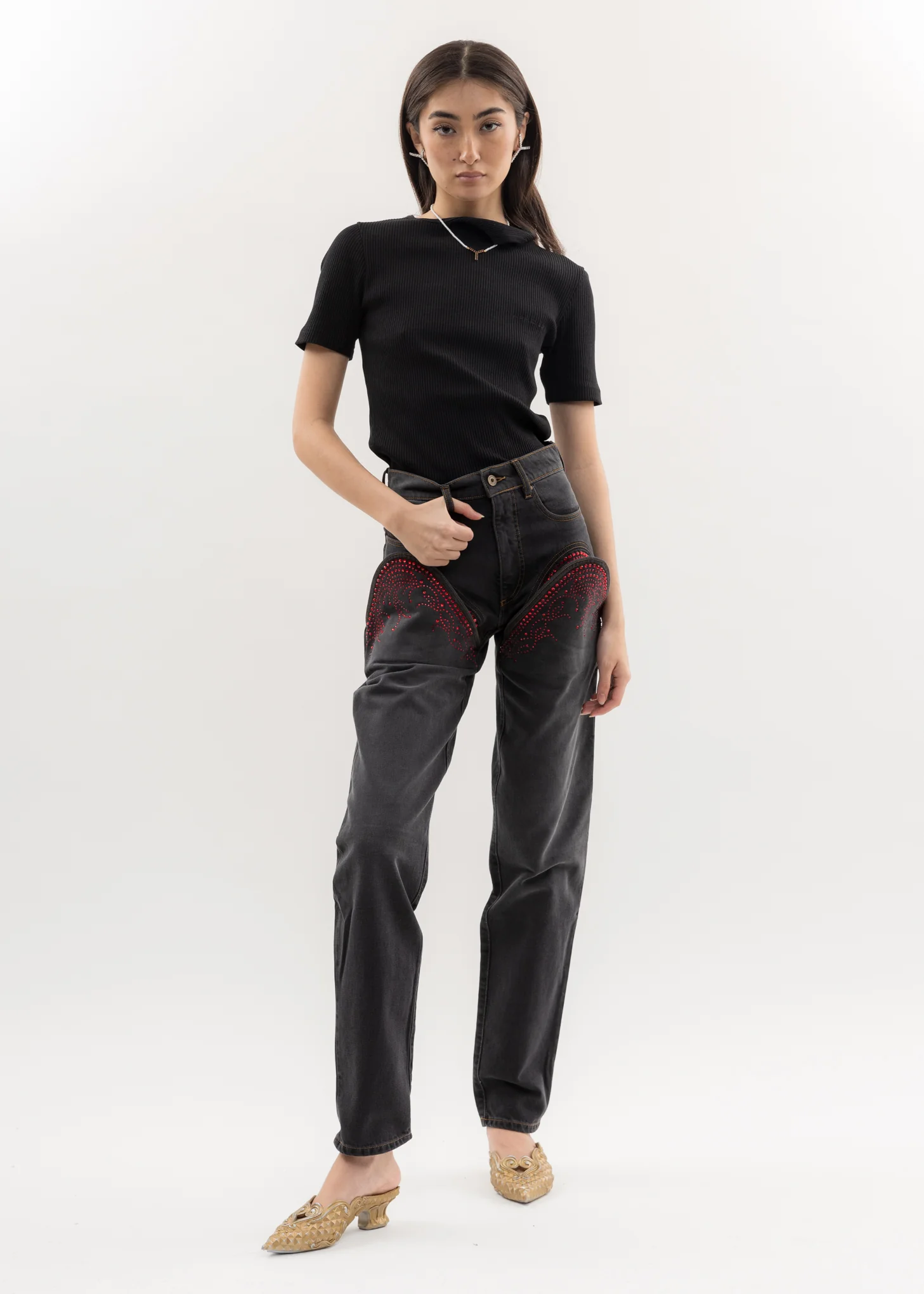 Black And Red CUT OUT RHINESTONE Jeans - Image 8