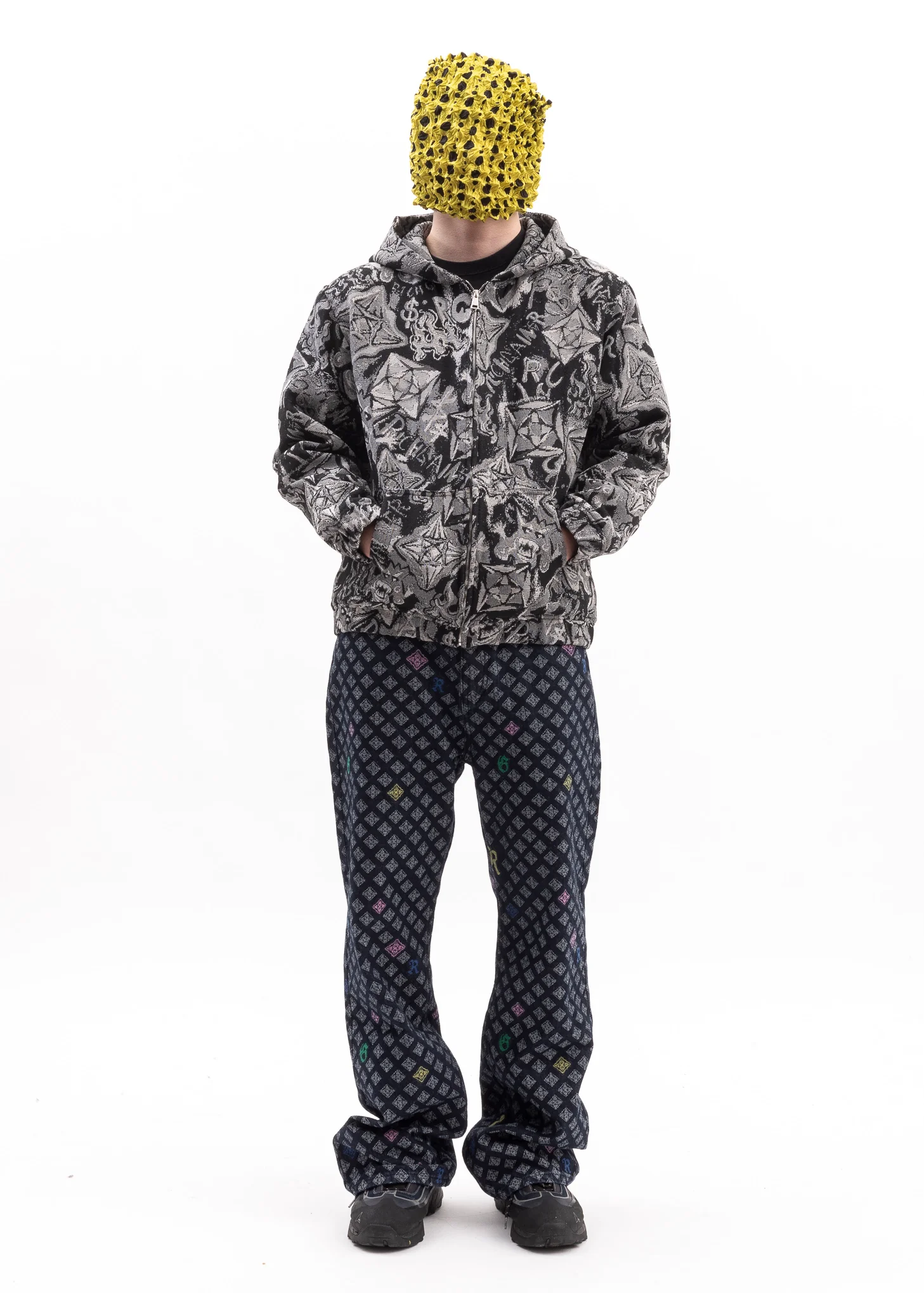 BLACK AND WHITE  EMBROIDERY ZIPUP HOODIES - Image 5