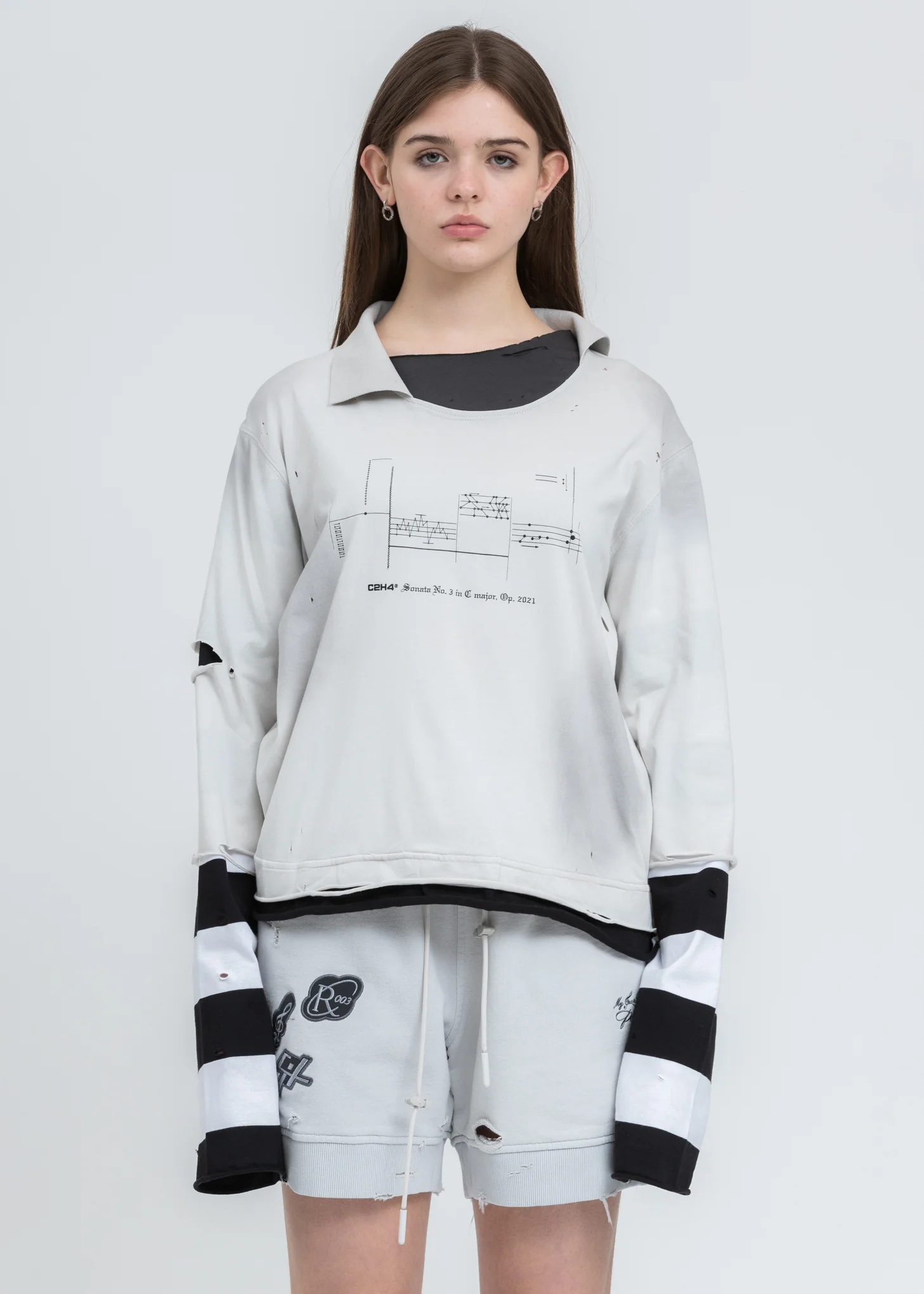 Black And White Panelled Distressed Double Layer Long Sleeve