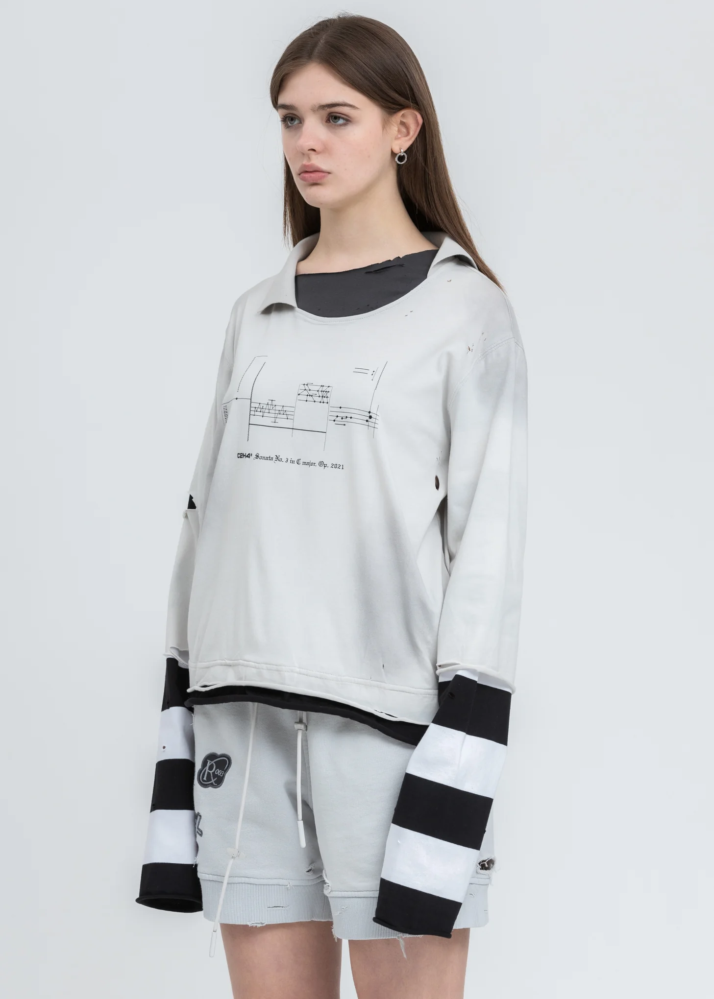Black And White Panelled Distressed Double Layer Long Sleeve - Image 2
