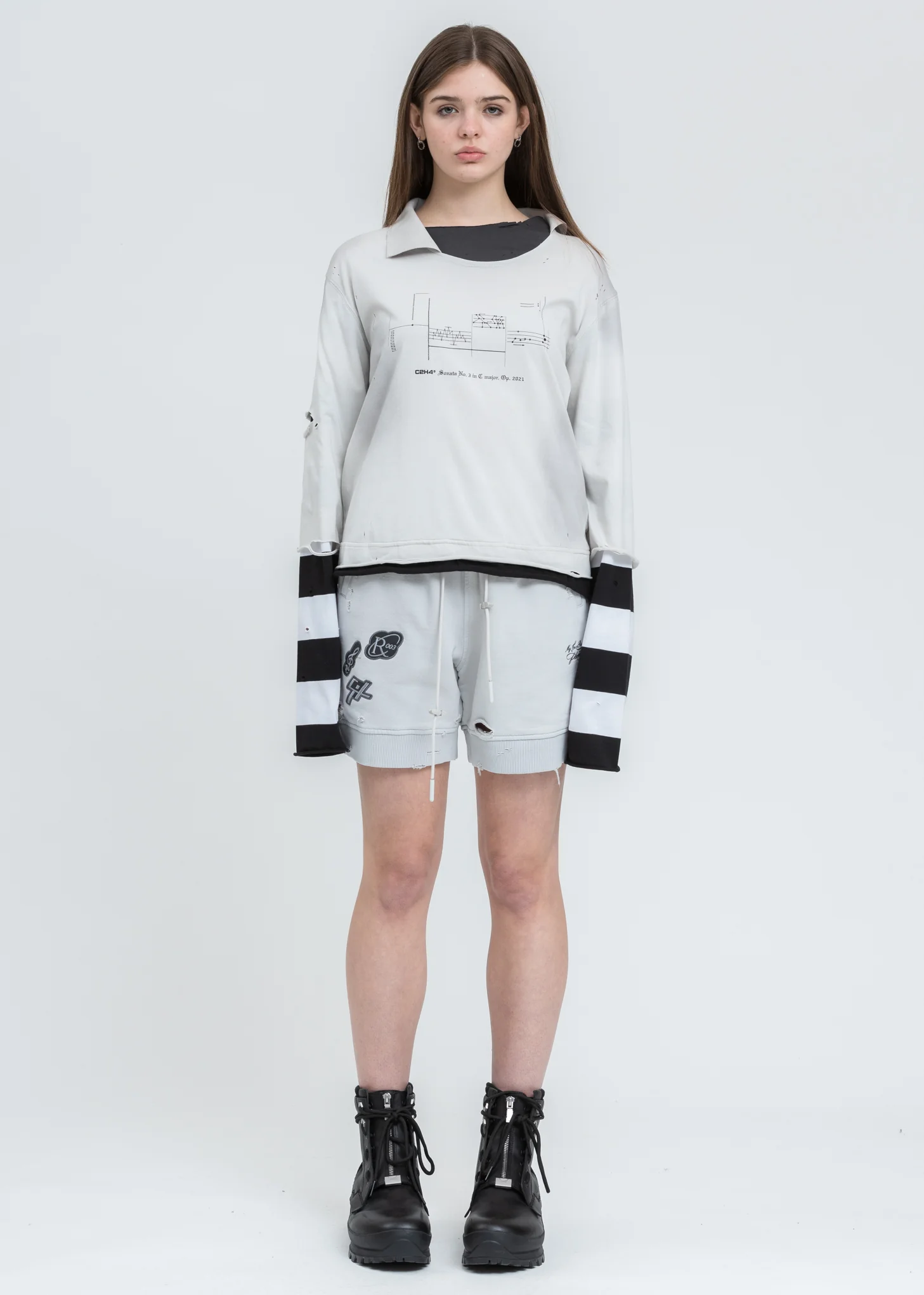 Black And White Panelled Distressed Double Layer Long Sleeve - Image 5