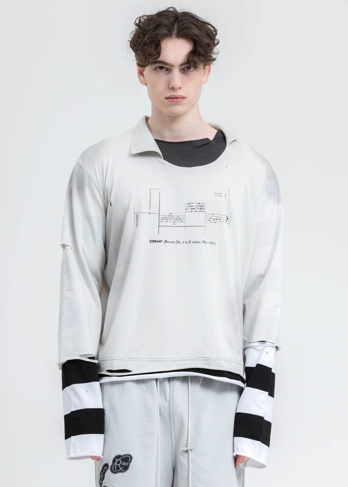 Black And White Panelled Distressed Double Layer Long Sleeve