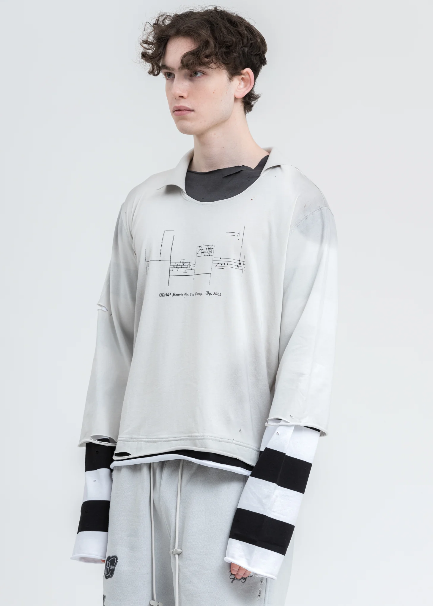 Black And White Panelled Distressed Double Layer Long Sleeve - Image 3