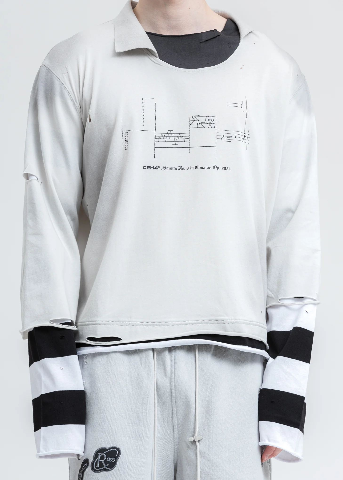Black And White Panelled Distressed Double Layer Long Sleeve - Image 4