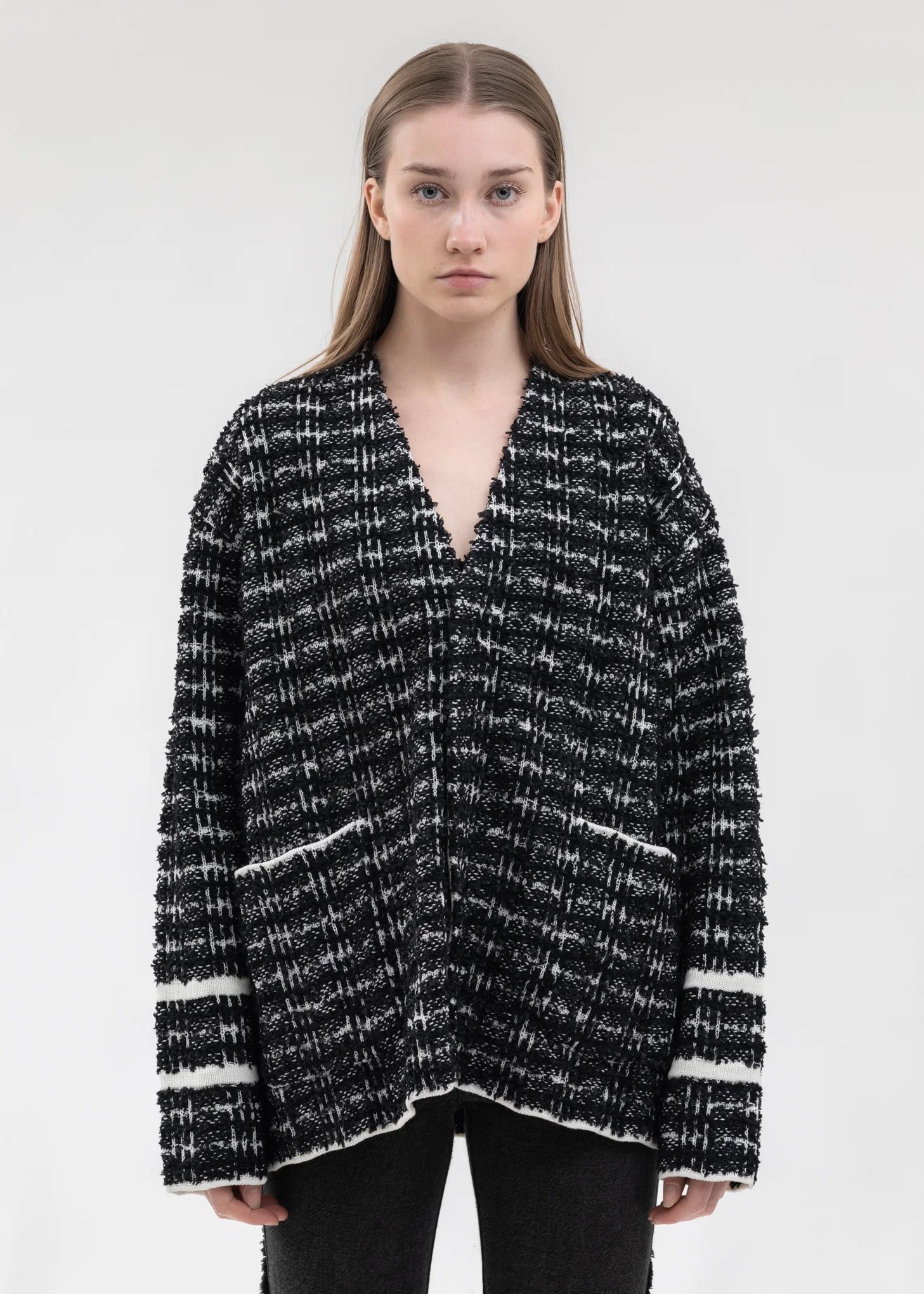Black And White TWEED KNIT CARDIGAN JACKET