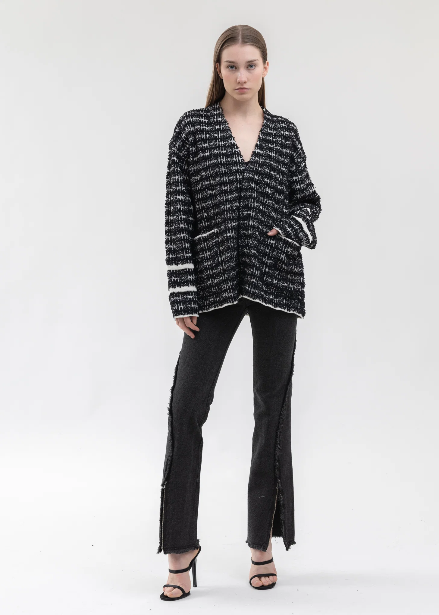 Black And White TWEED KNIT CARDIGAN JACKET - Image 5