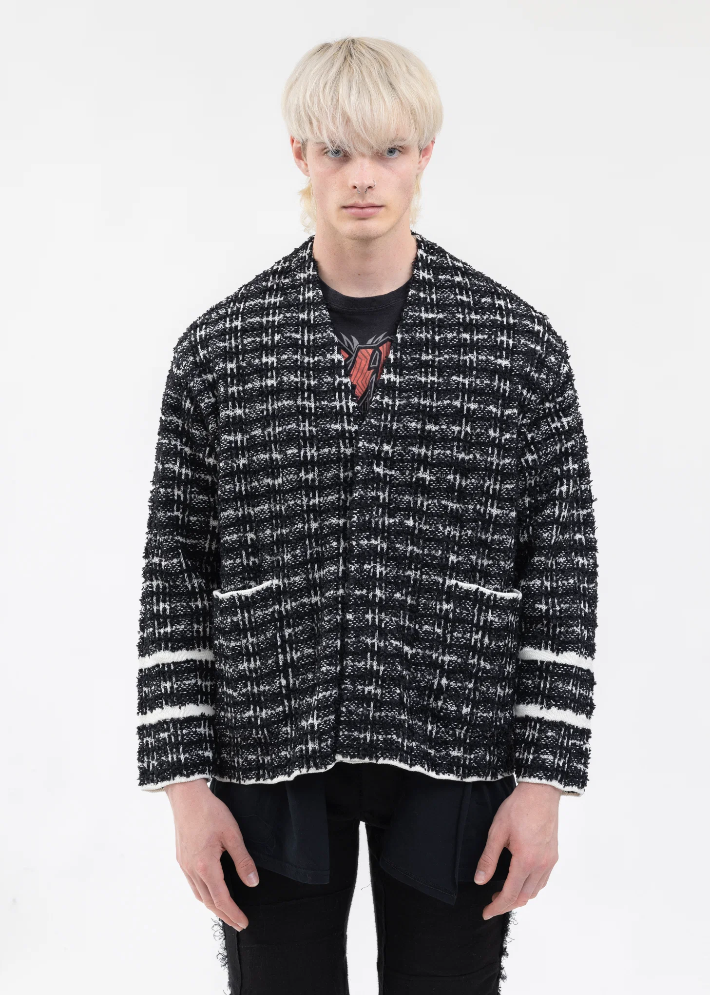 Black And White TWEED KNIT CARDIGAN JACKET