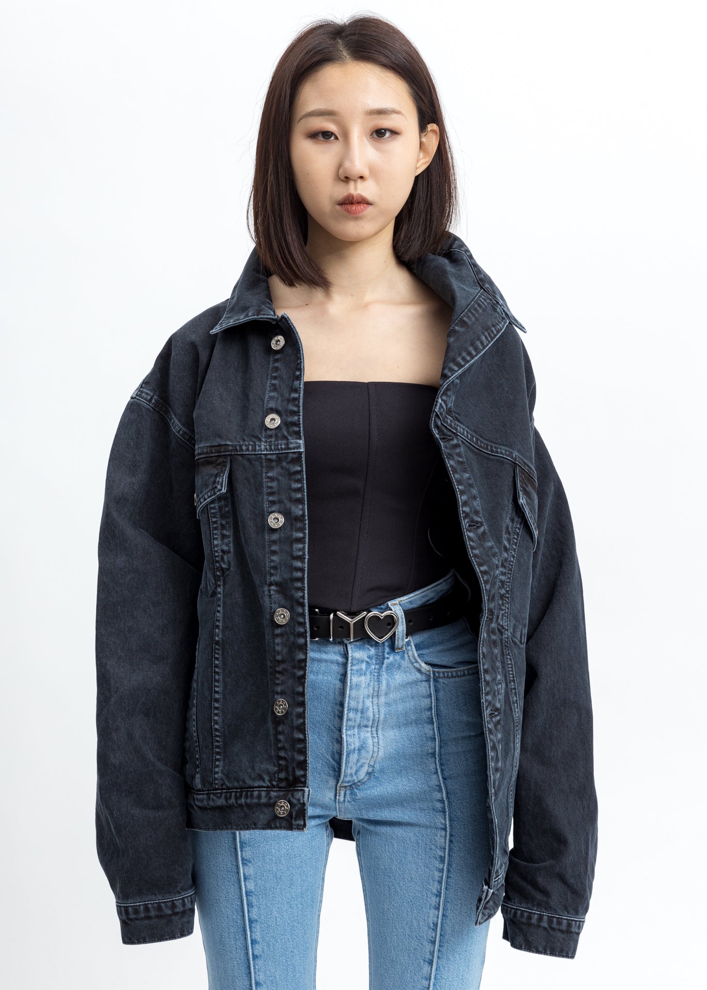 Black Asymmetric Collar Denim Jacket - Image 5