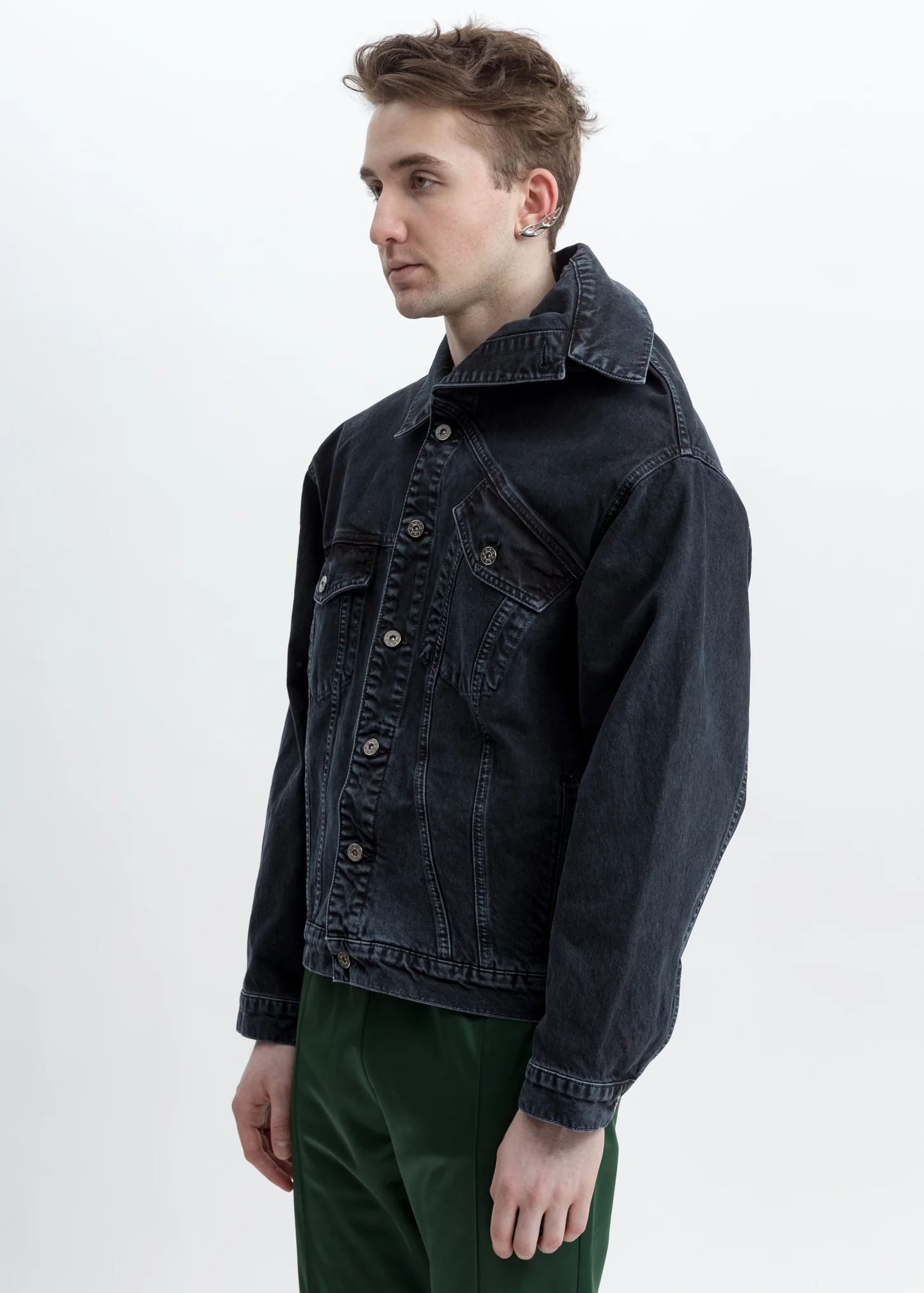 Black Asymmetric Collar Denim Jacket - Image 5