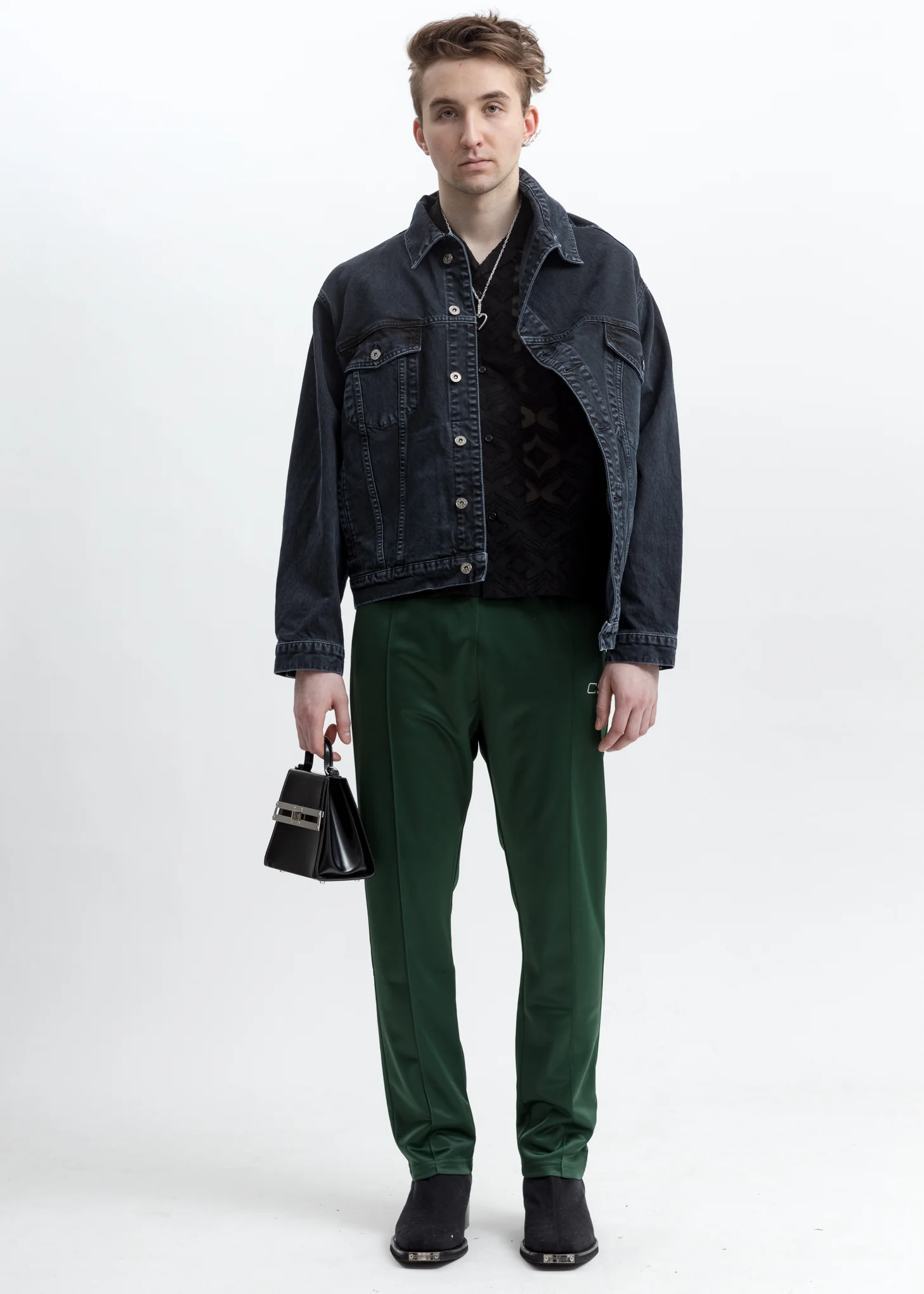 Black Asymmetric Collar Denim Jacket - Image 7