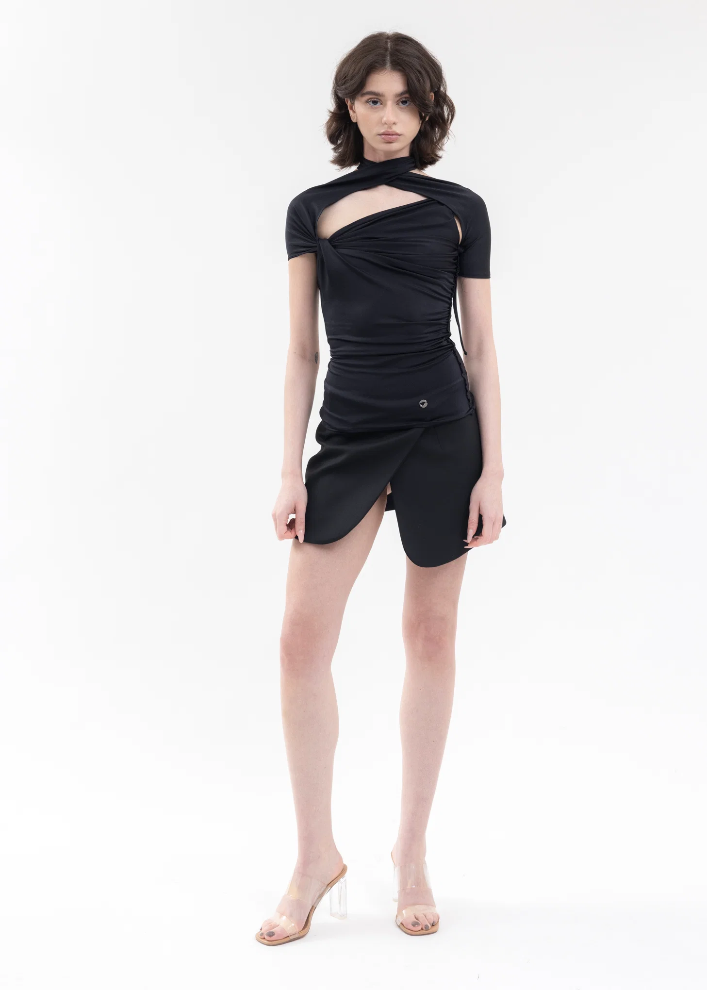BLACK ASYMMETRIC DRAPED JERSEY TOP - Image 5