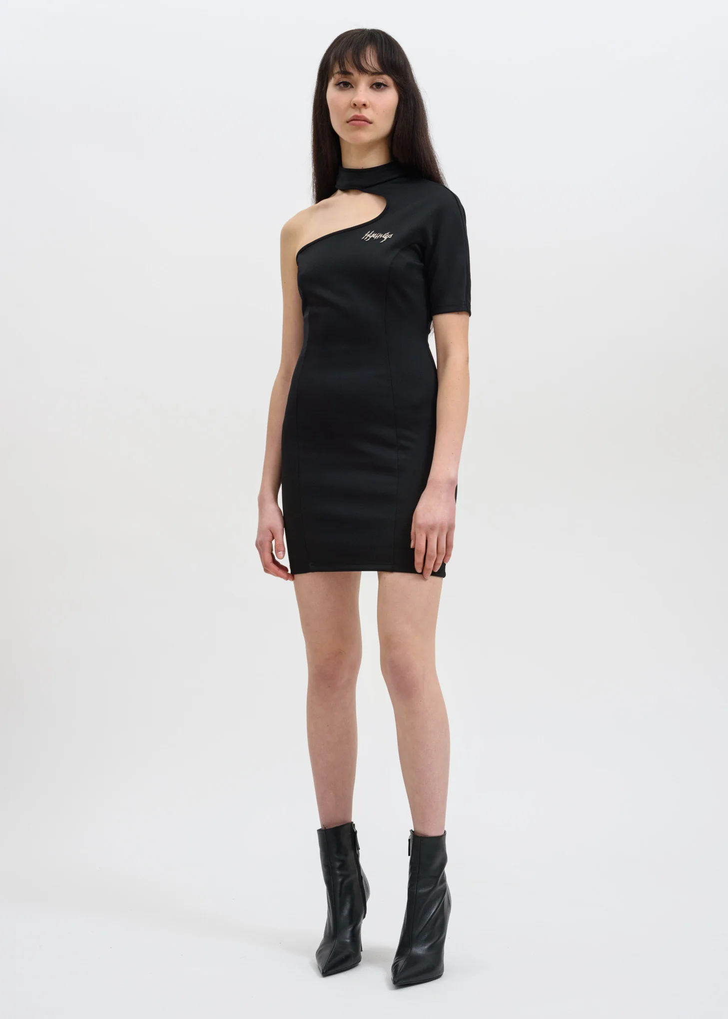 Black Asymmetric Dress w/ Metal Logo
