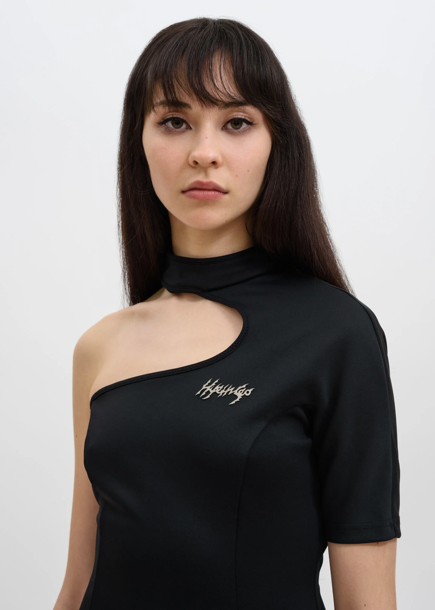 Black Asymmetric Dress w/ Metal Logo - Image 3