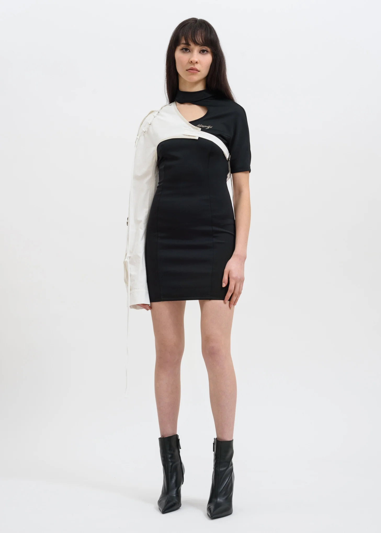 Black Asymmetric Dress w/ Metal Logo - Image 4