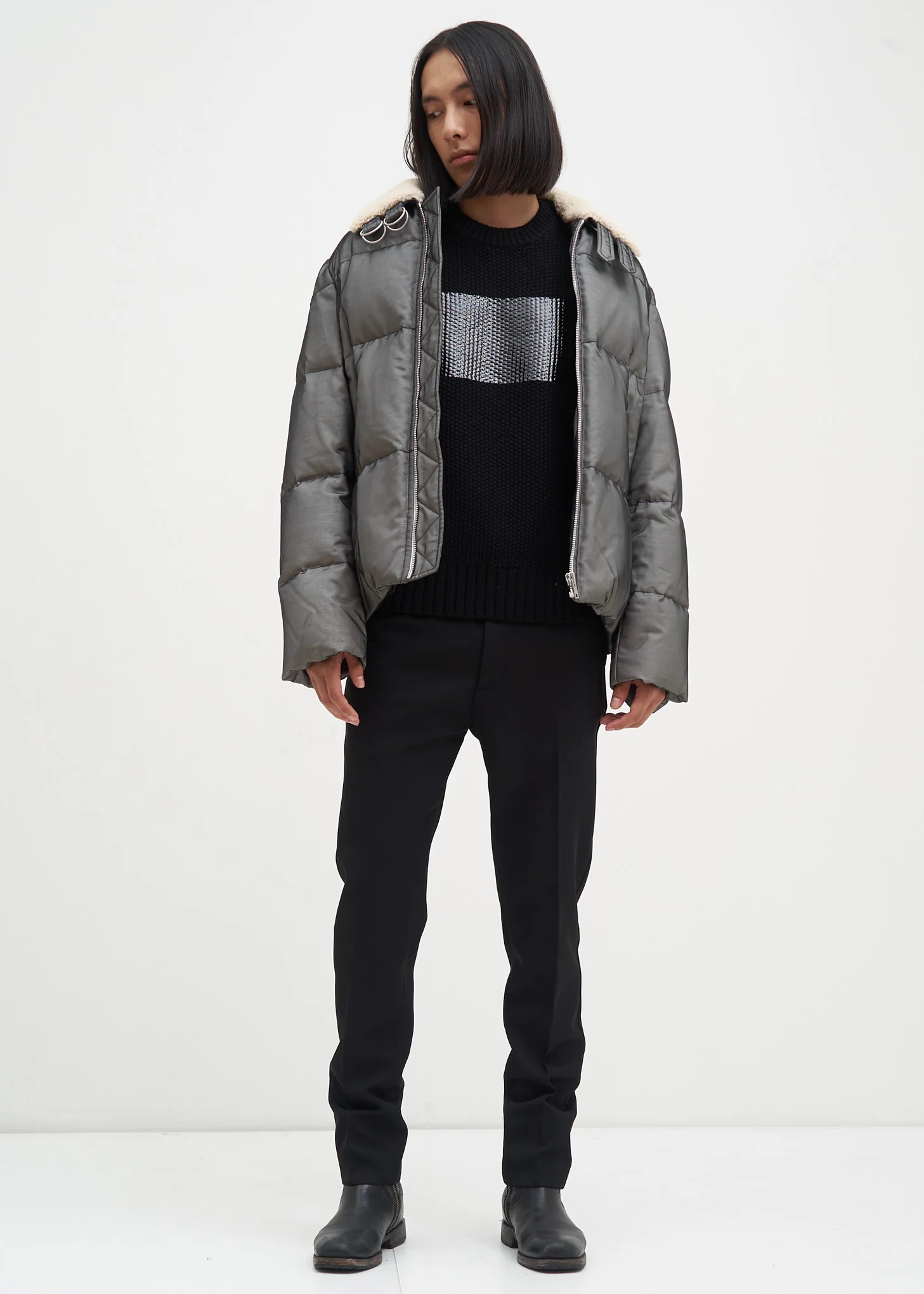 Black Band Zip Silk Puffer - Image 12