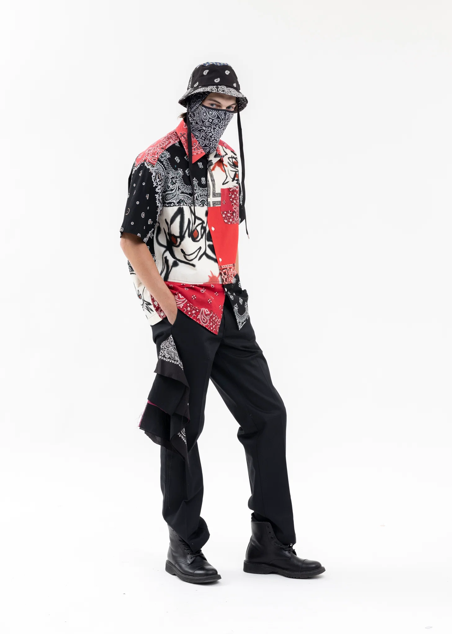 BLACK BANDANA PRINTED HAT WITH MASK 1 - Image 5