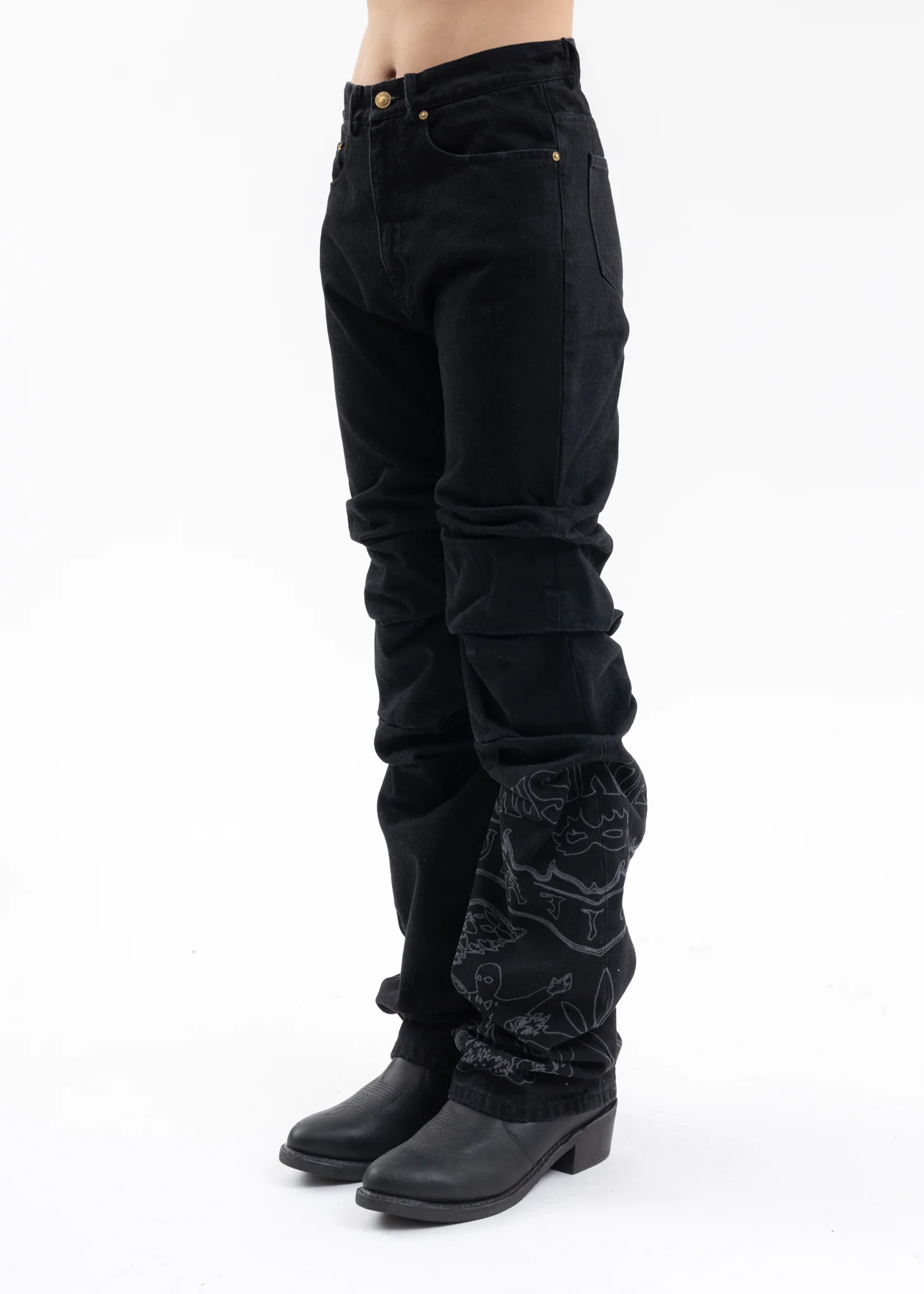BLACK BIG PLASTER DENIM PANTS