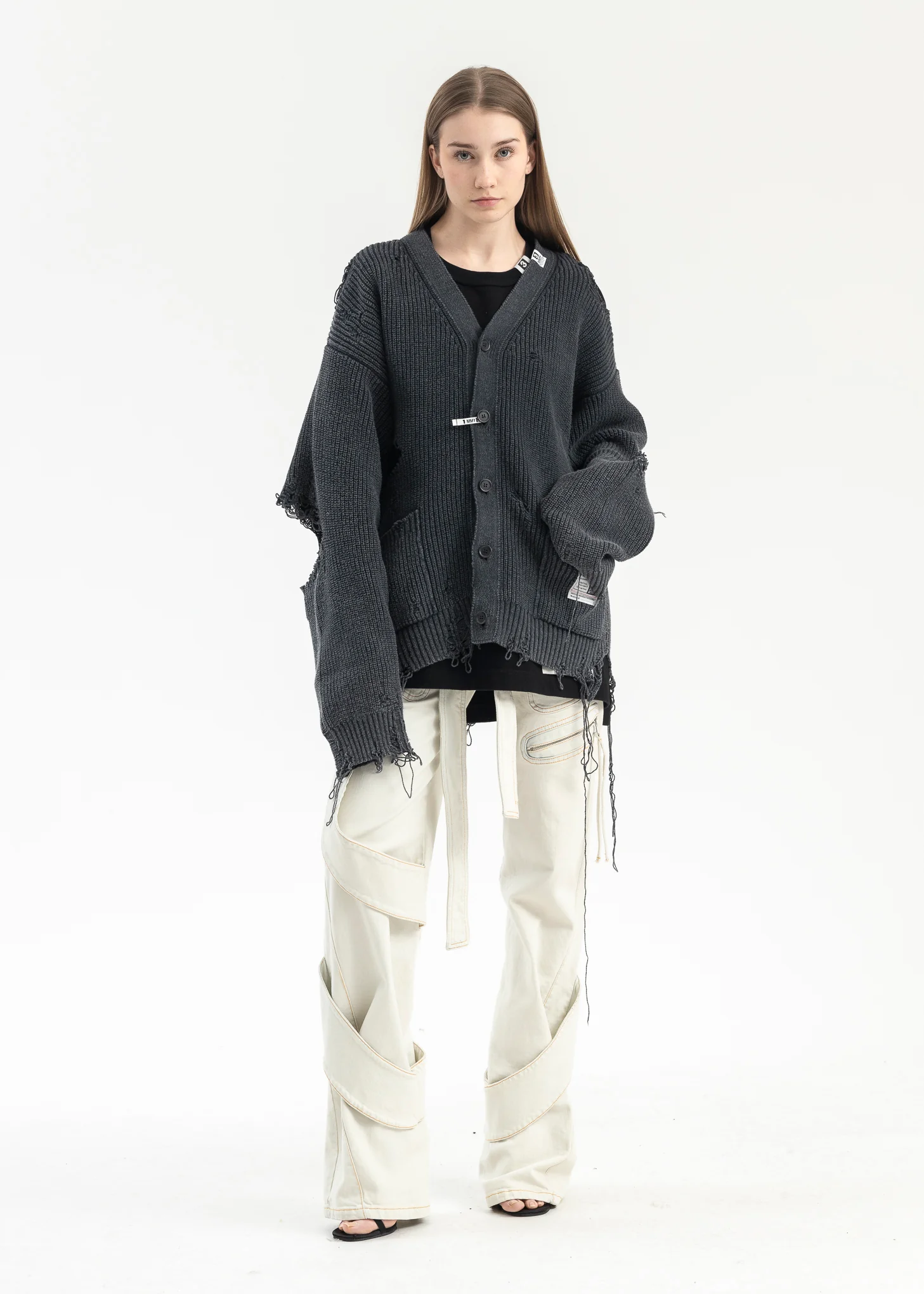 BLACK BLEACHED KNIT CARDIGAN - Image 6