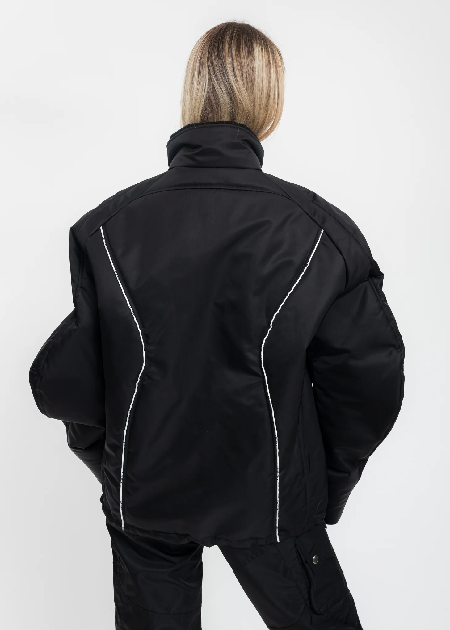 Black  Bomber Jacket With Piping - Image 2