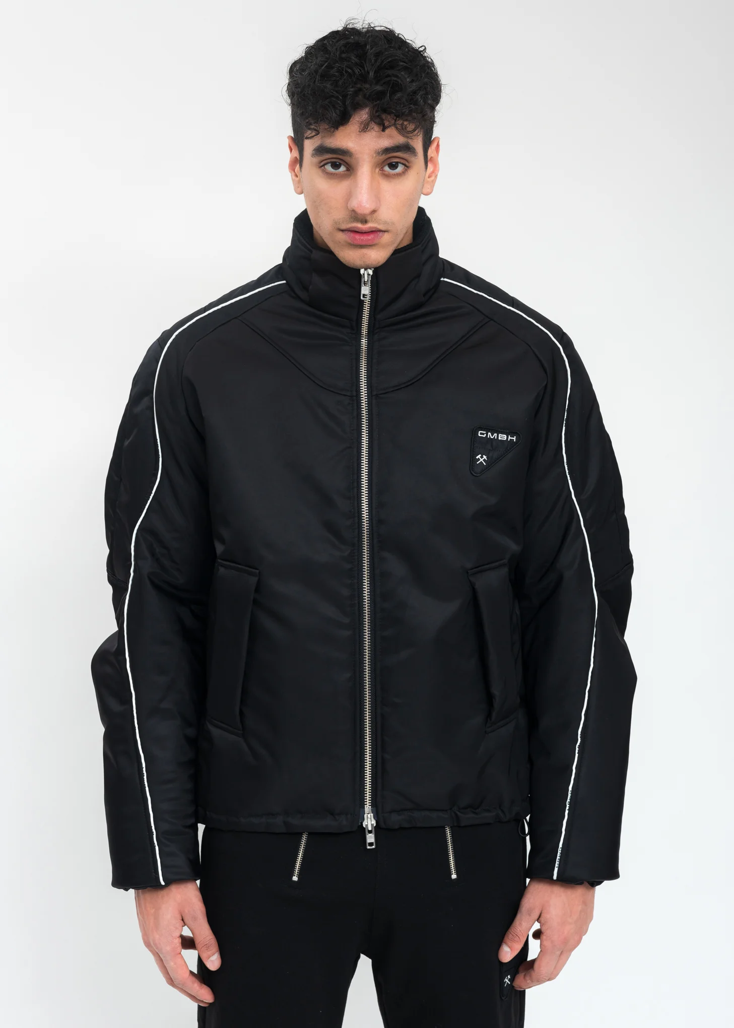 Black  Bomber Jacket With Piping