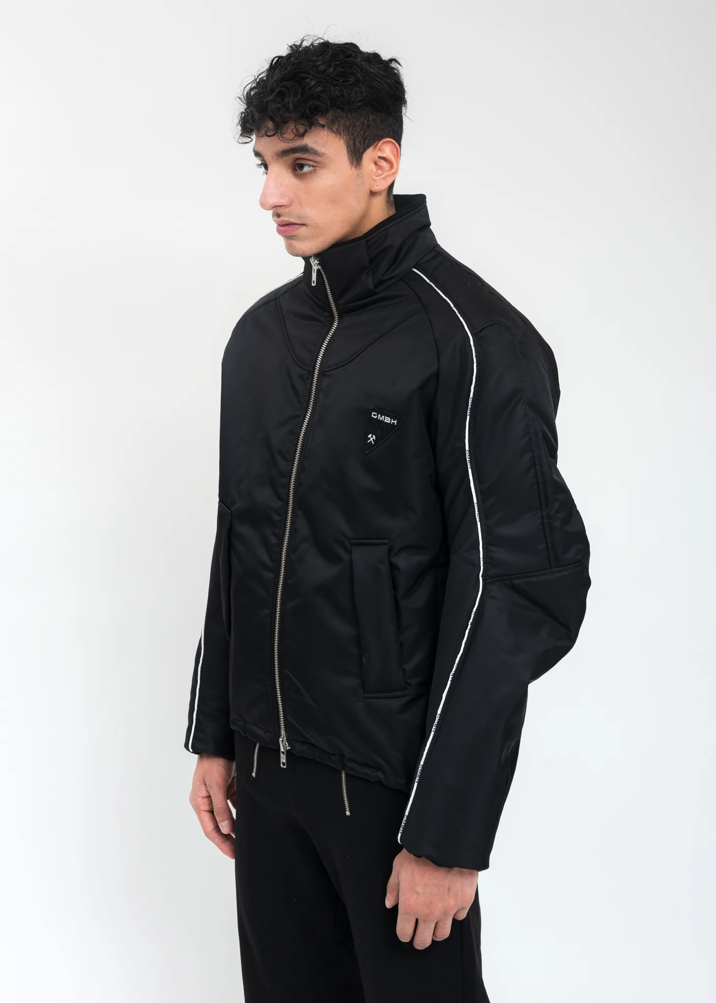 Black  Bomber Jacket With Piping - Image 4