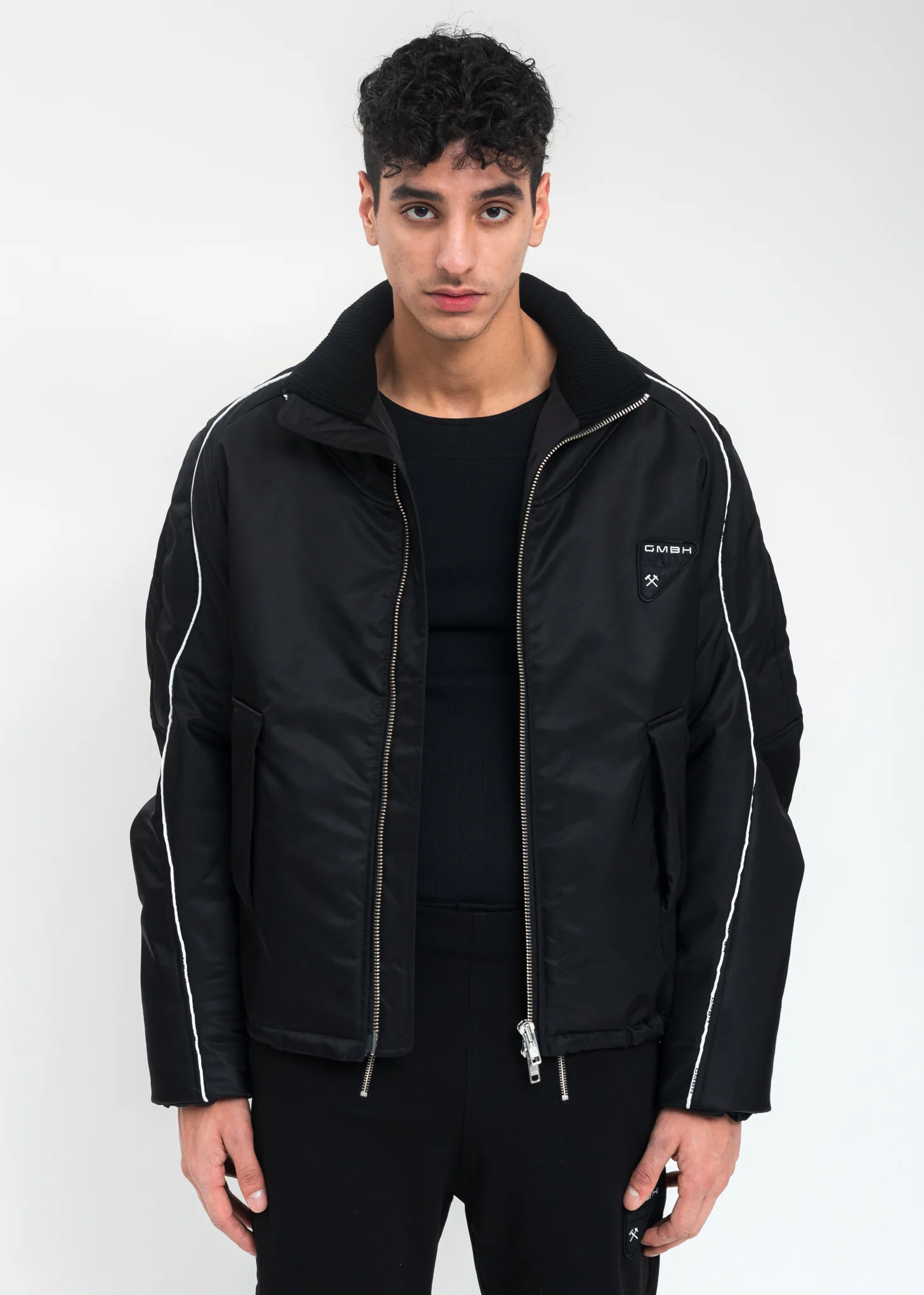 Black  Bomber Jacket With Piping - Image 7