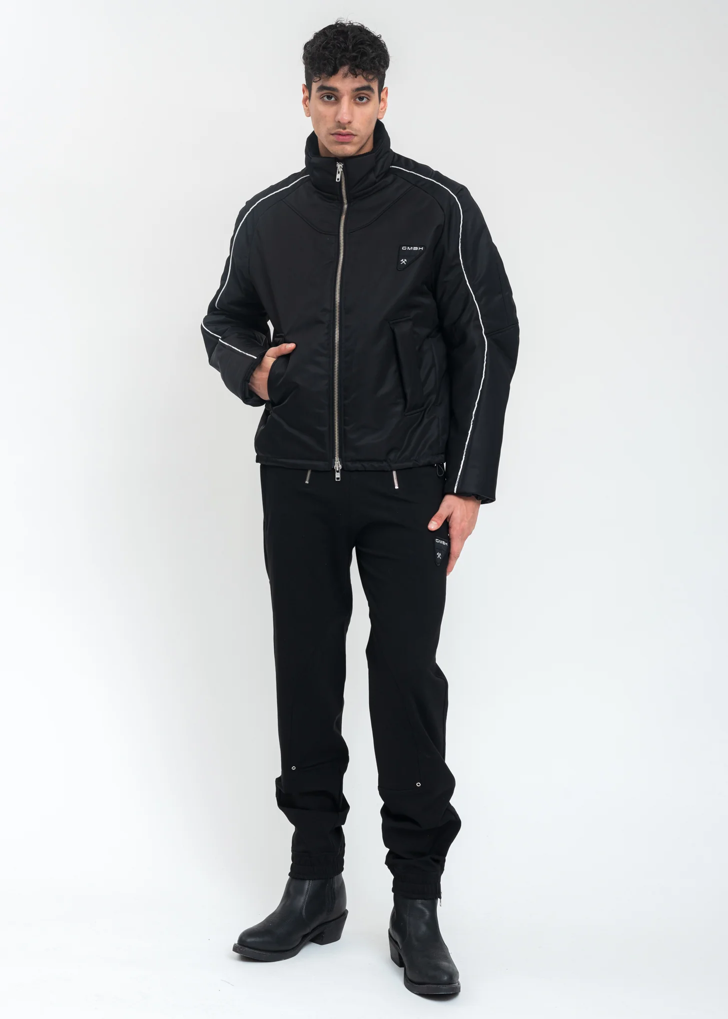 Black  Bomber Jacket With Piping - Image 8