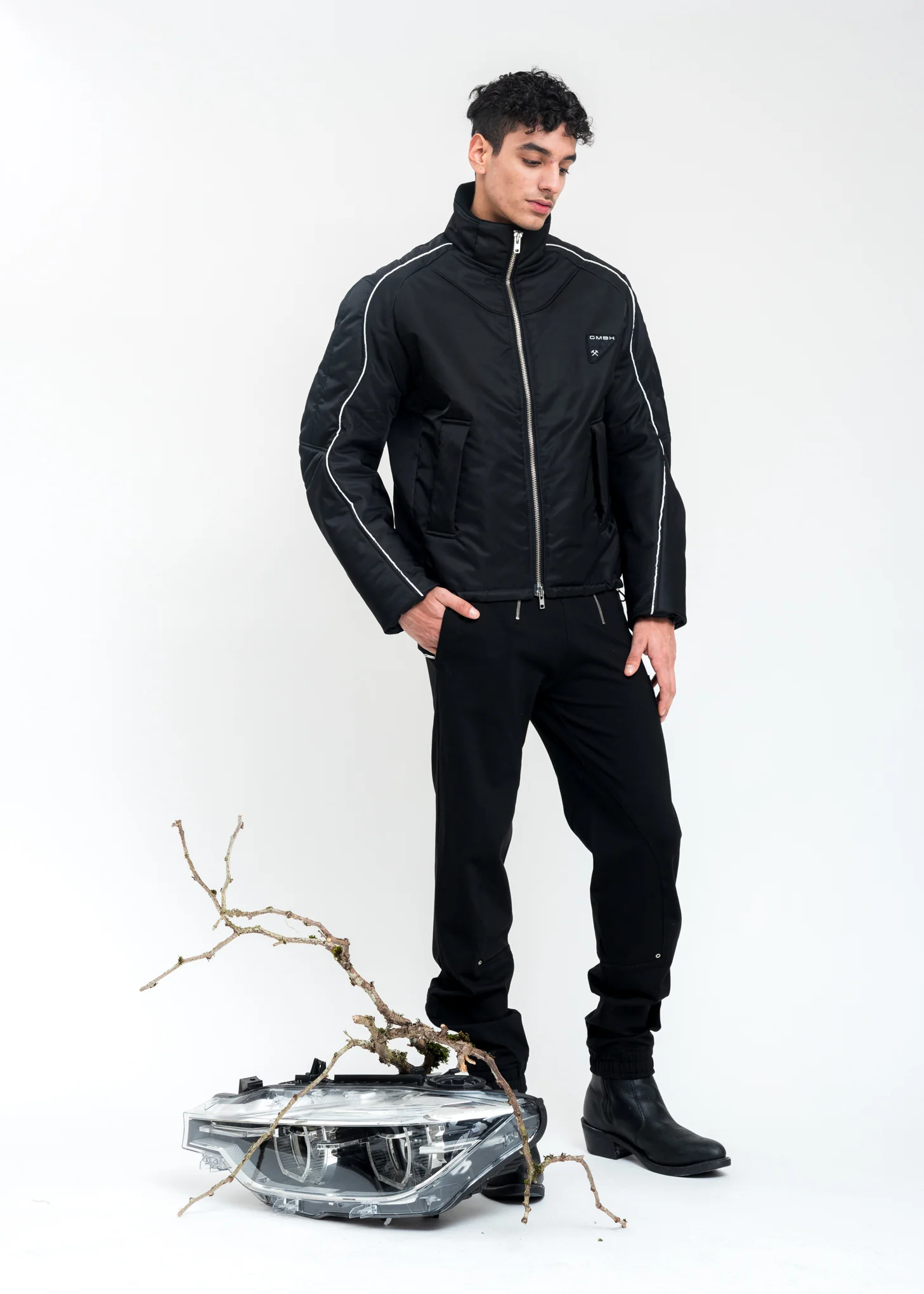 Black  Bomber Jacket With Piping - Image 9