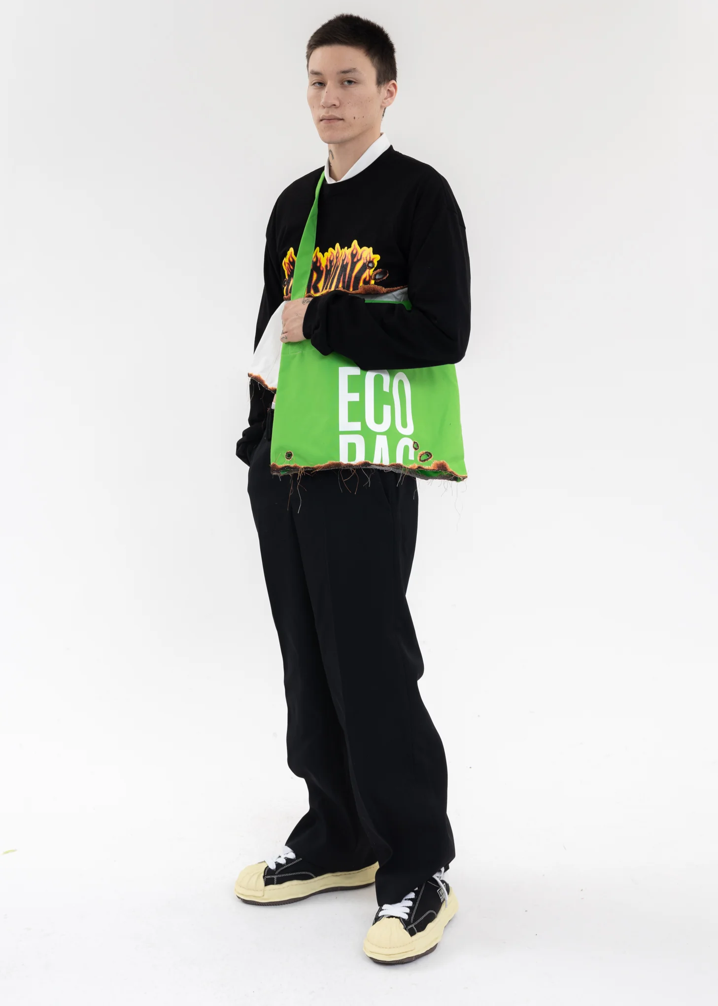 Black BURNING EMBROIDERY CROPPED LONG SLEEVE T-SHIRT - Image 6