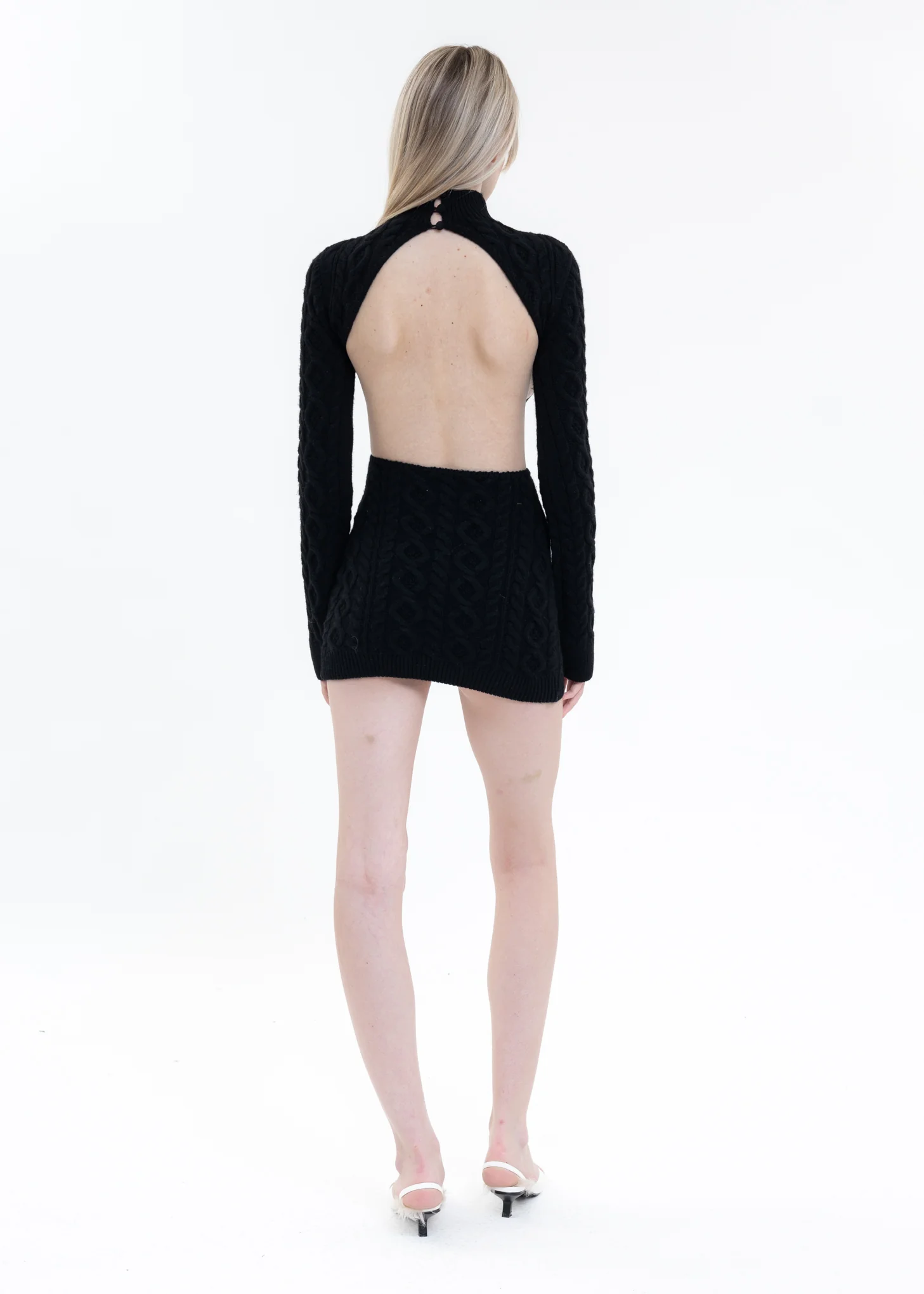 Black Cable Knit Backless Turtleneck Dress - Image 2