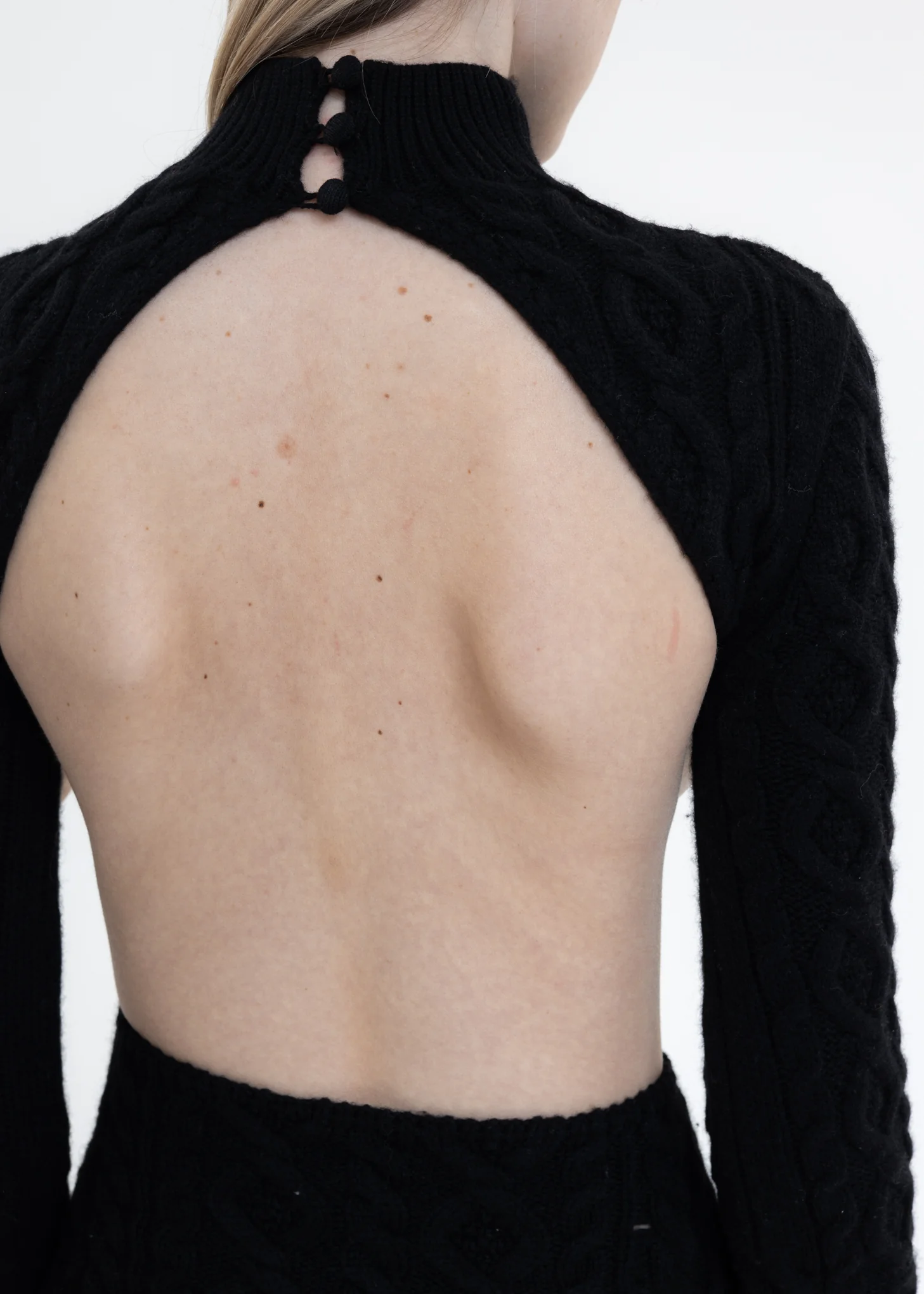 Black Cable Knit Backless Turtleneck Dress - Image 4
