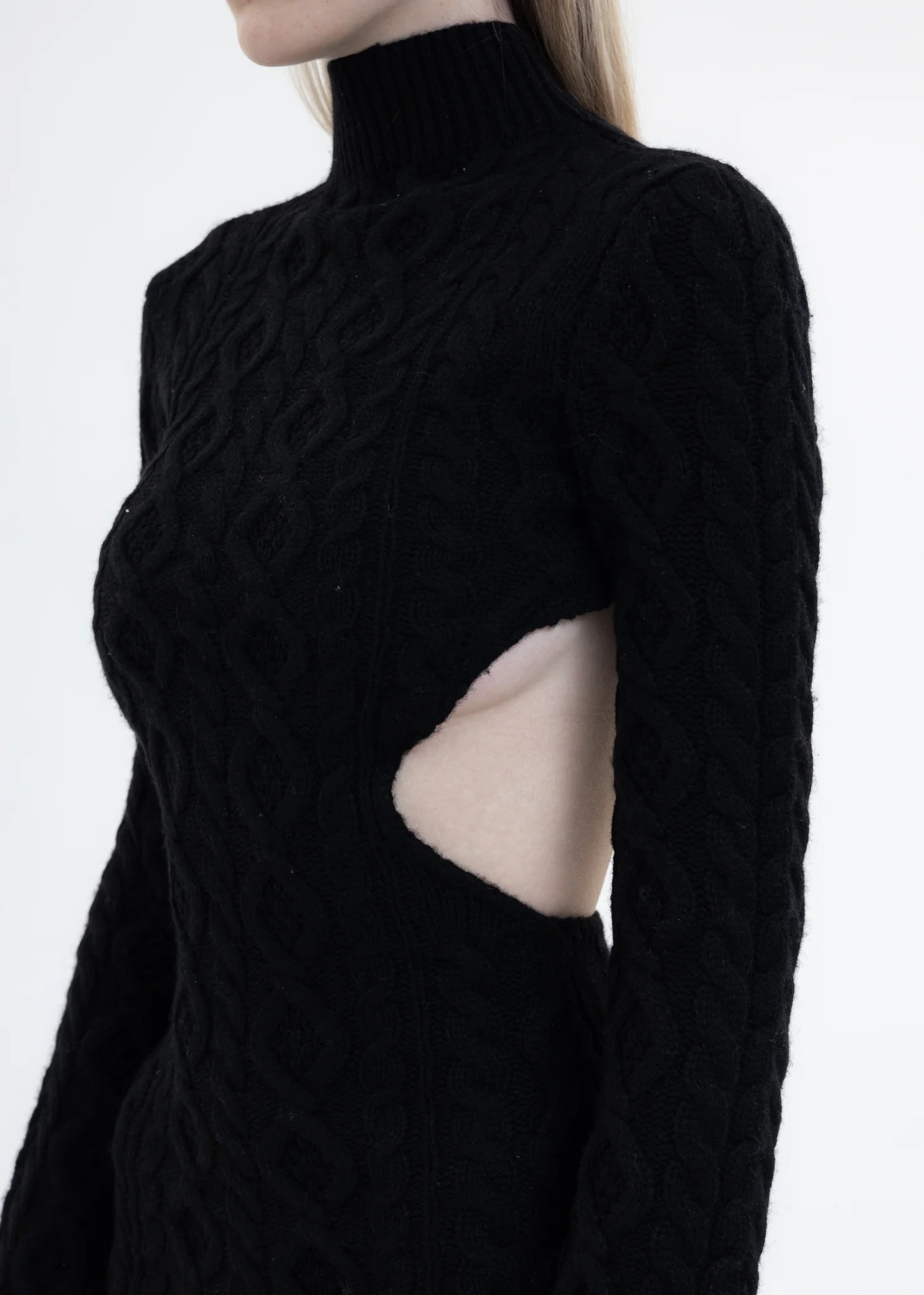Black Cable Knit Backless Turtleneck Dress - Image 5