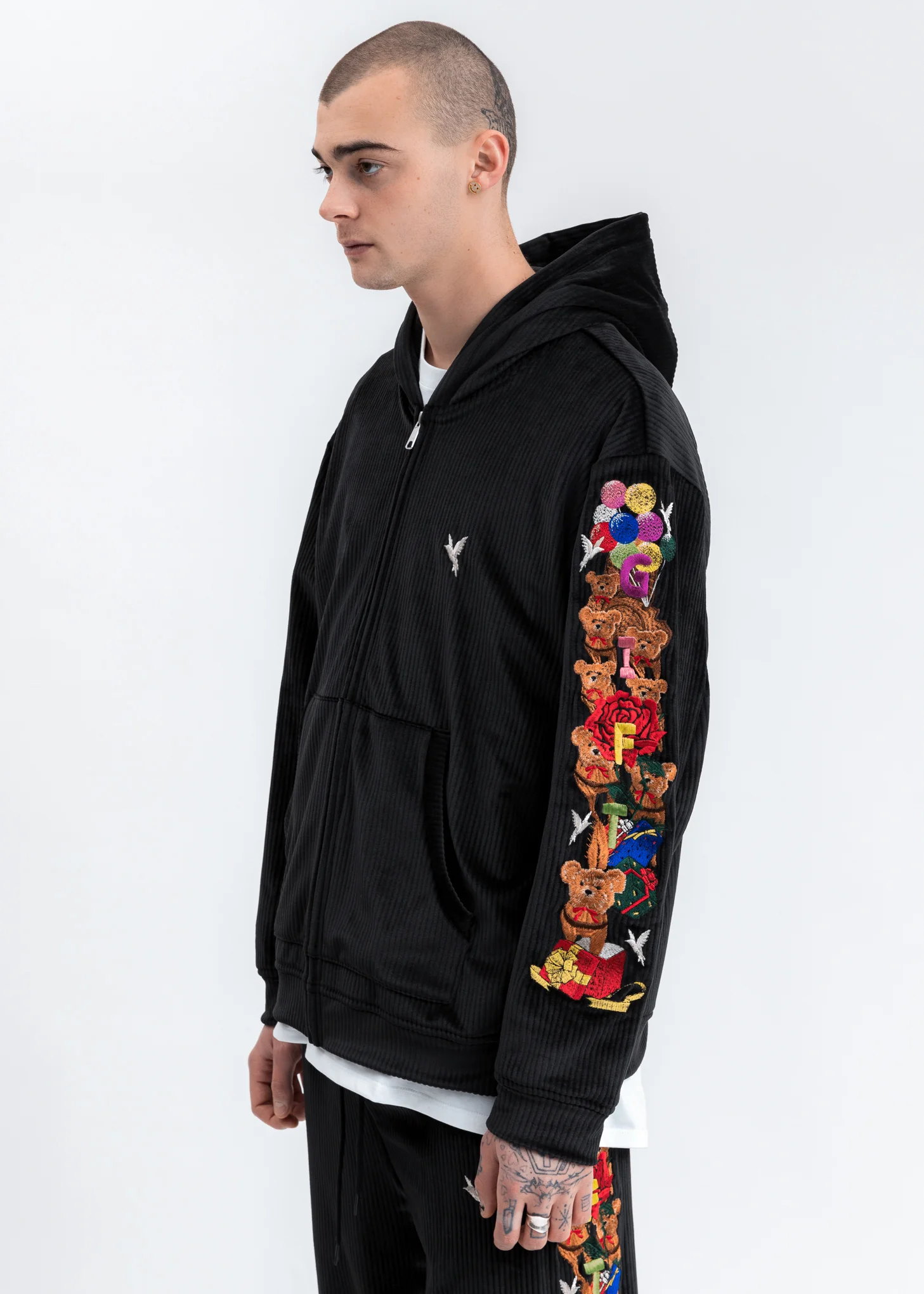 Black Chaos Embroidery Comfy Zip Up Hoodie - Image 3