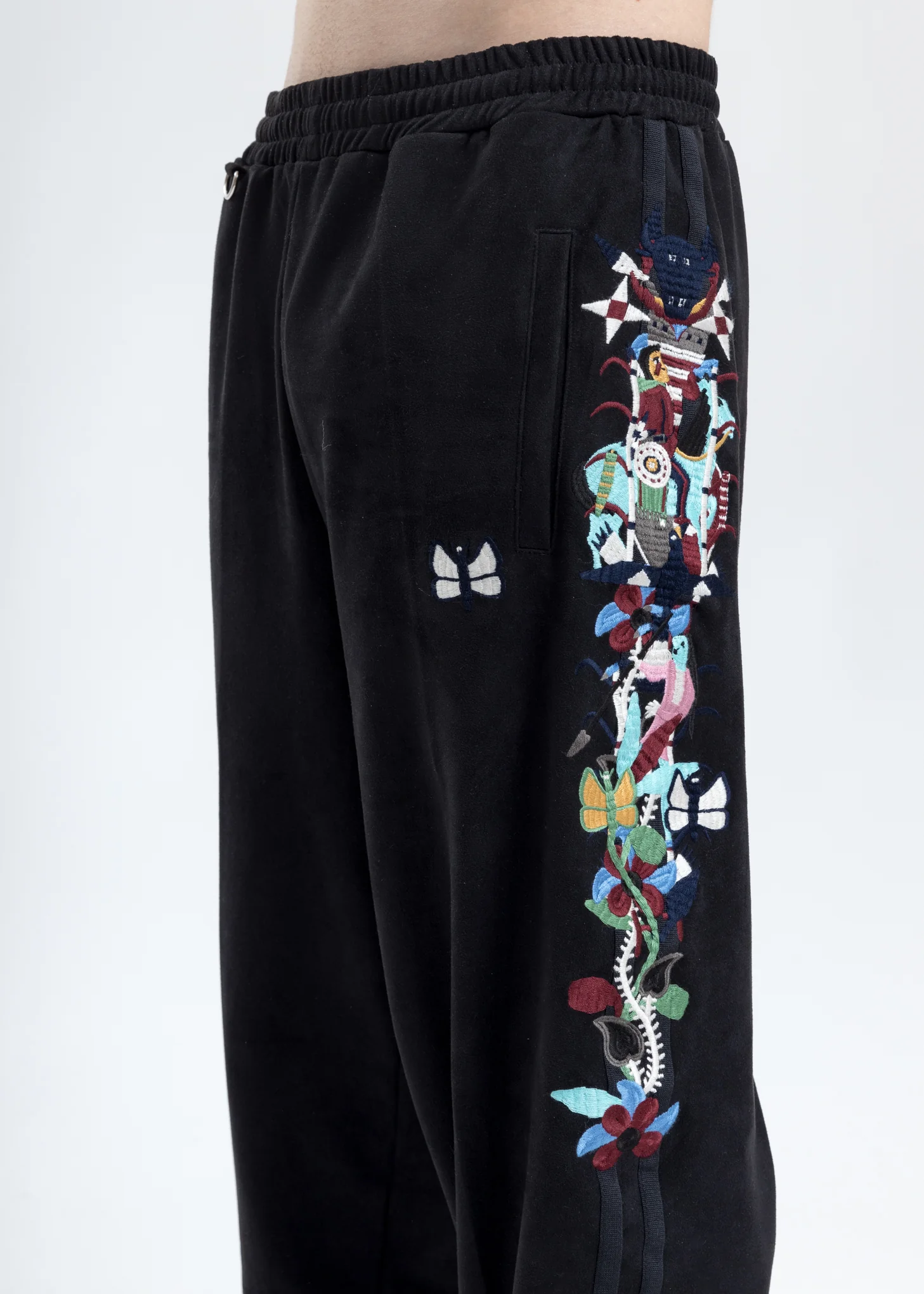 Black Chaos Embroidery Suede Track Pants - Image 2