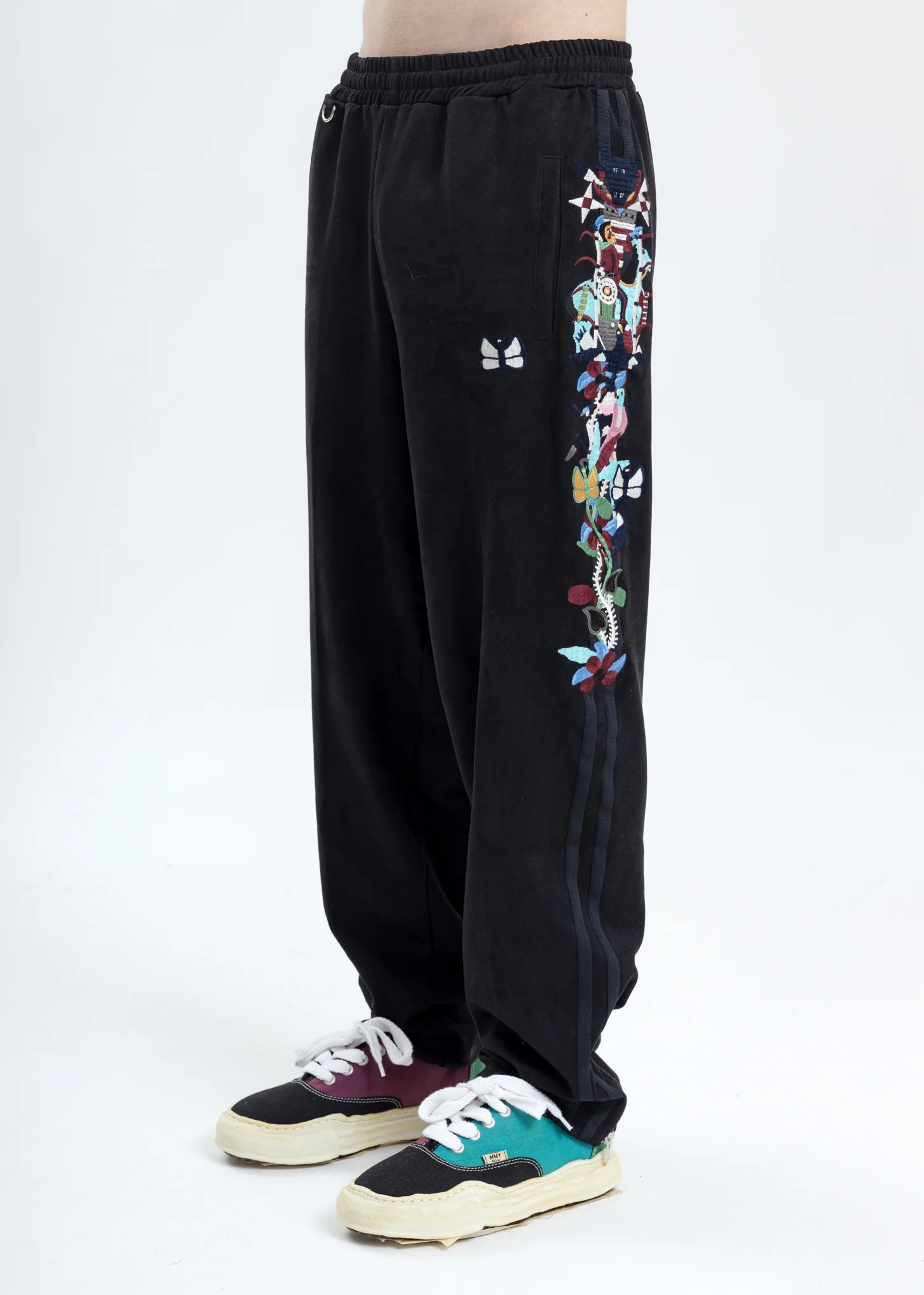 Black Chaos Embroidery Suede Track Pants - Image 3