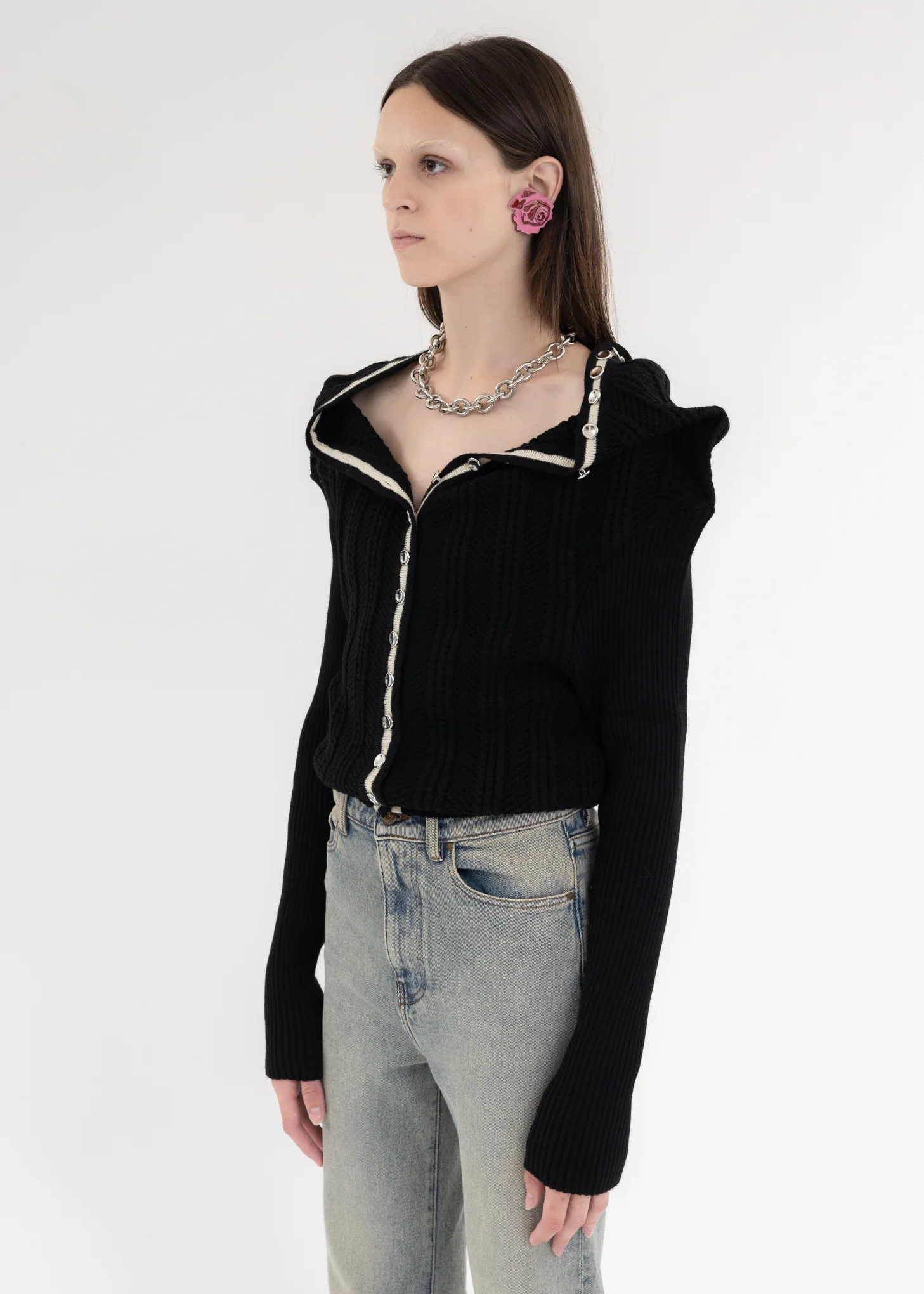 Black CLASSIC RUFFLE NECKLACE CARDIGAN - Image 4
