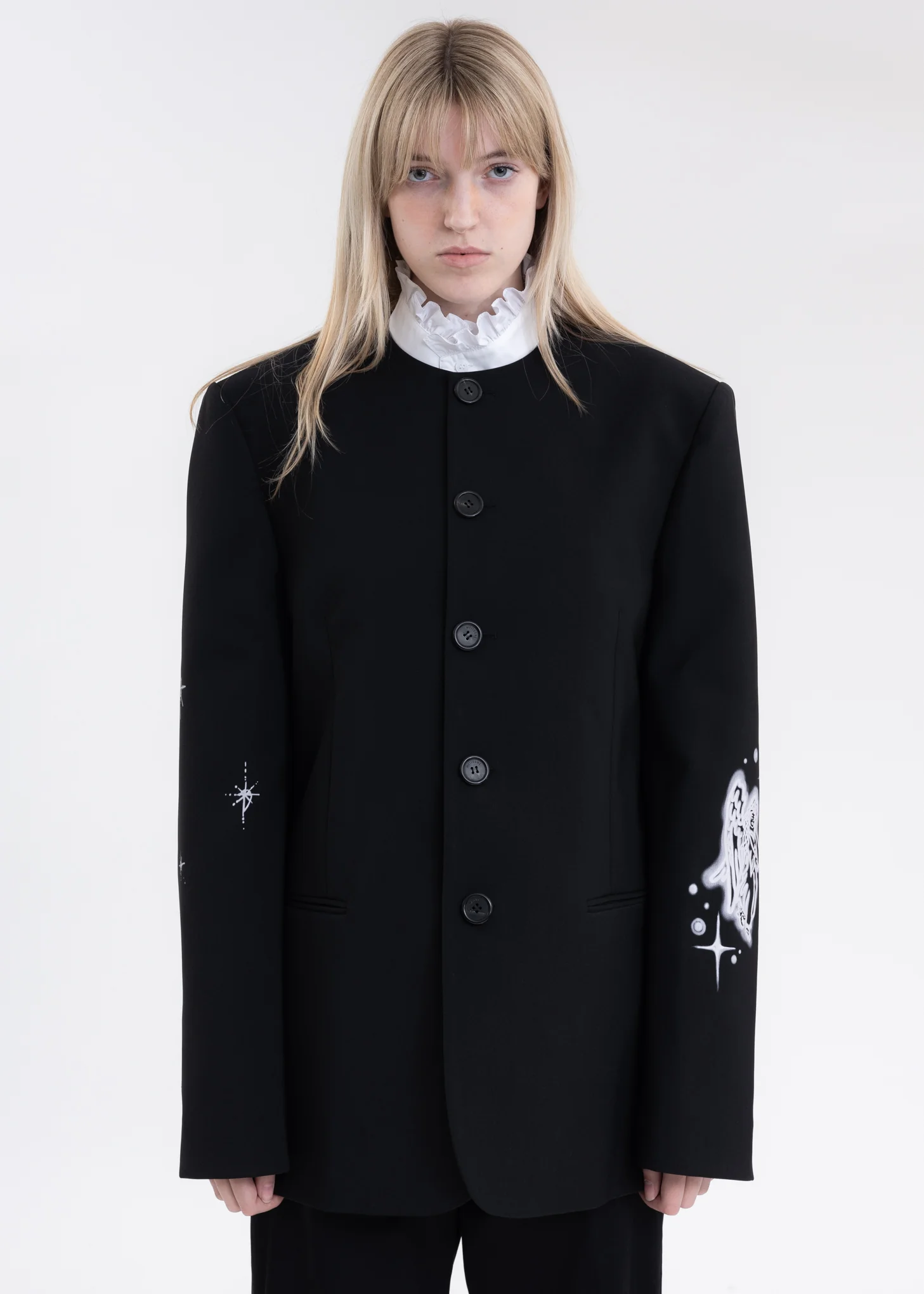 BLACK COLLARLESS JAKCET WITH WHITE-PRINT SLEEVES