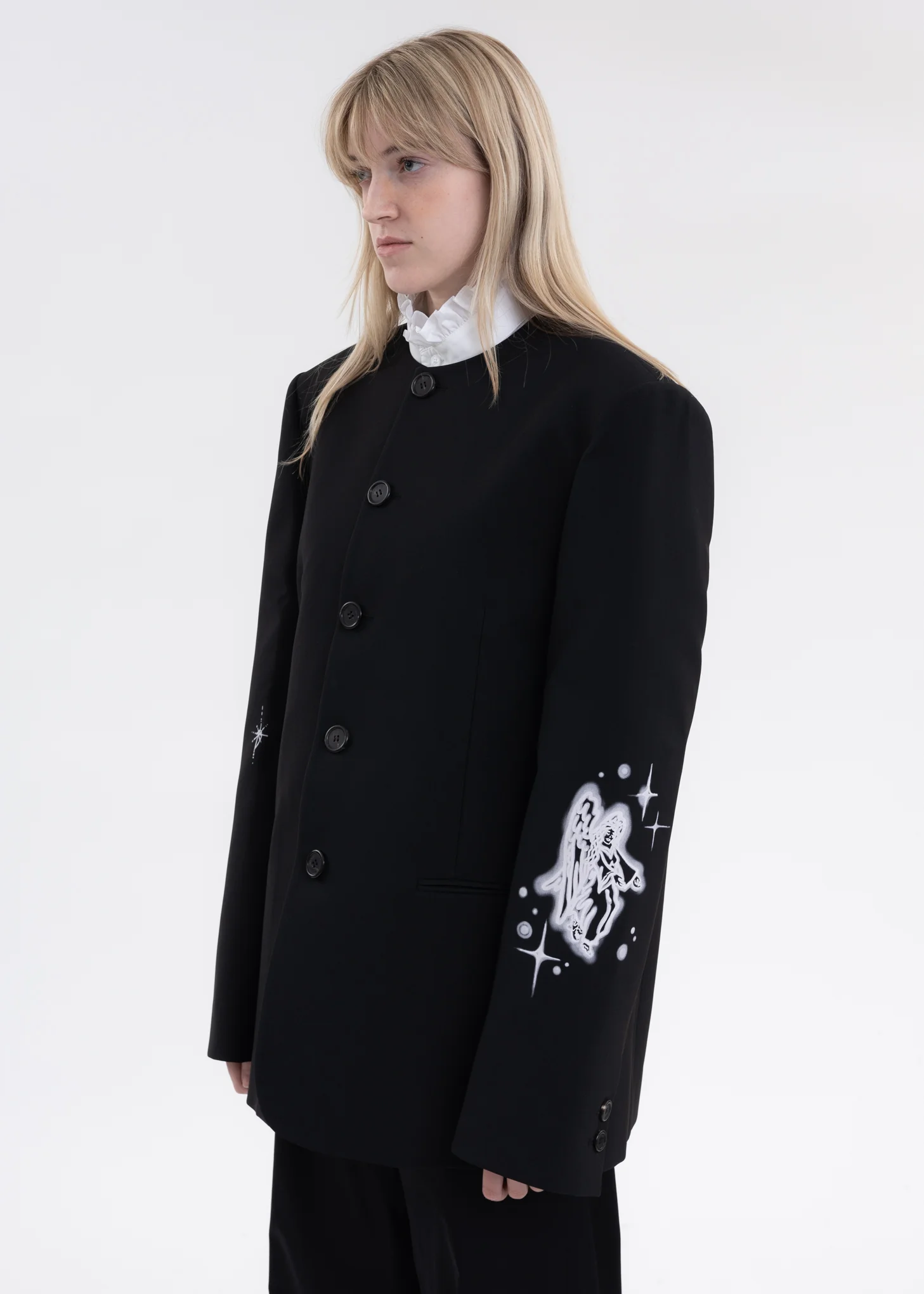 BLACK COLLARLESS JAKCET WITH WHITE-PRINT SLEEVES - Image 2