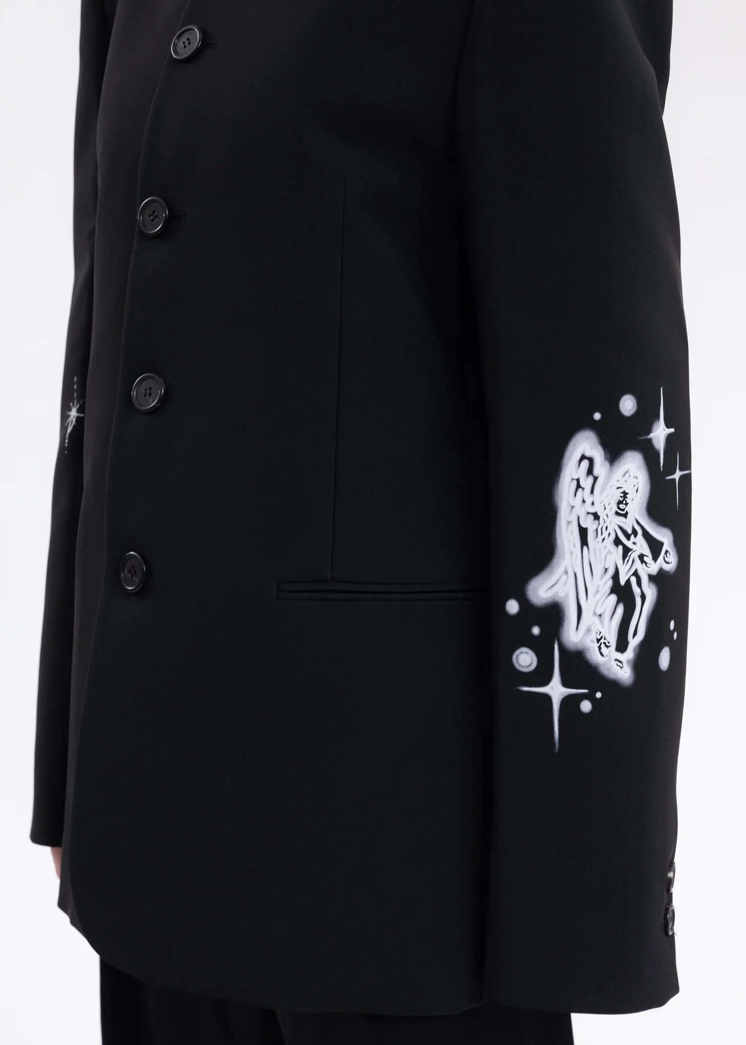 BLACK COLLARLESS JAKCET WITH WHITE-PRINT SLEEVES - Image 4