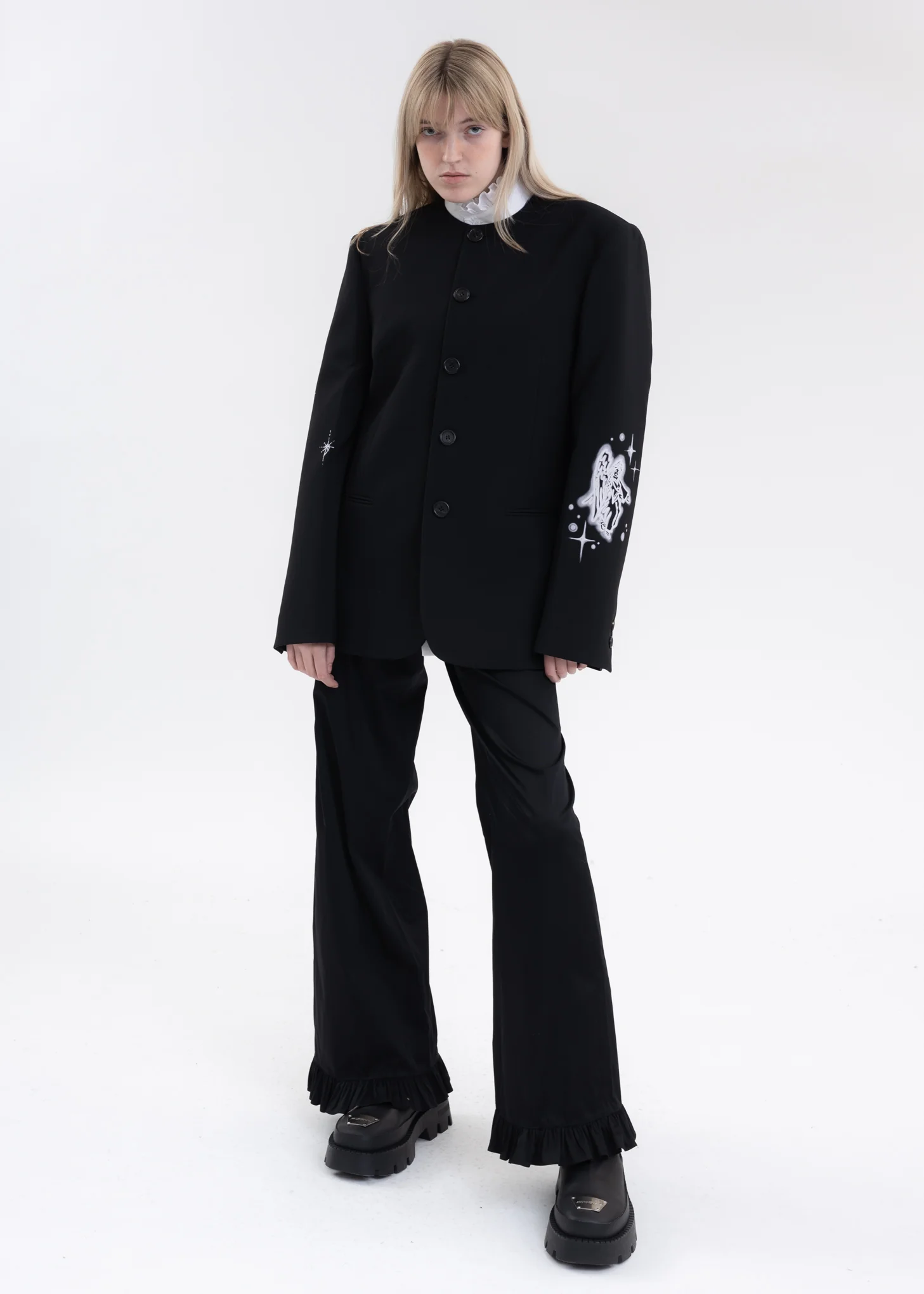 BLACK COLLARLESS JAKCET WITH WHITE-PRINT SLEEVES - Image 6