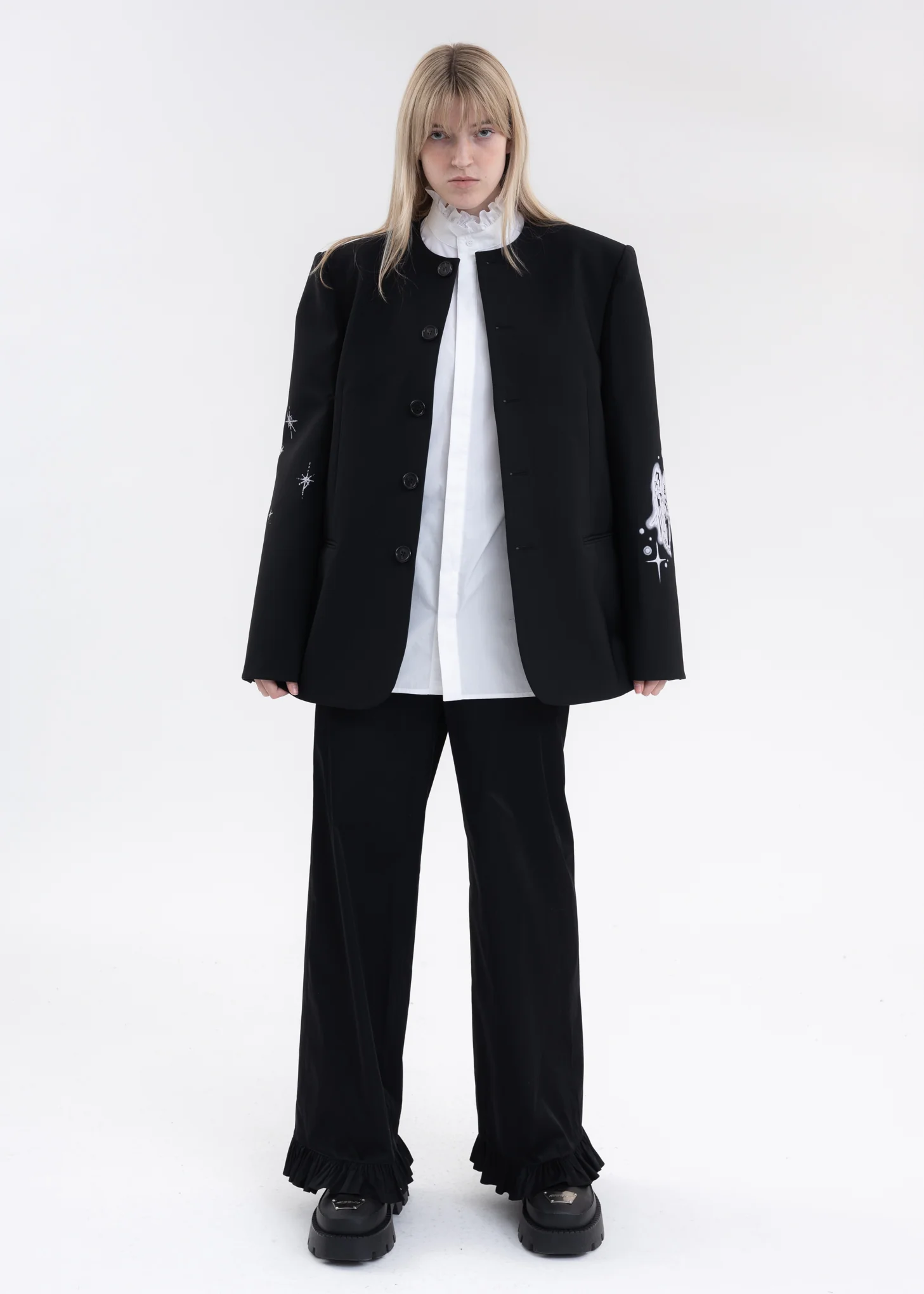 BLACK COLLARLESS JAKCET WITH WHITE-PRINT SLEEVES - Image 7