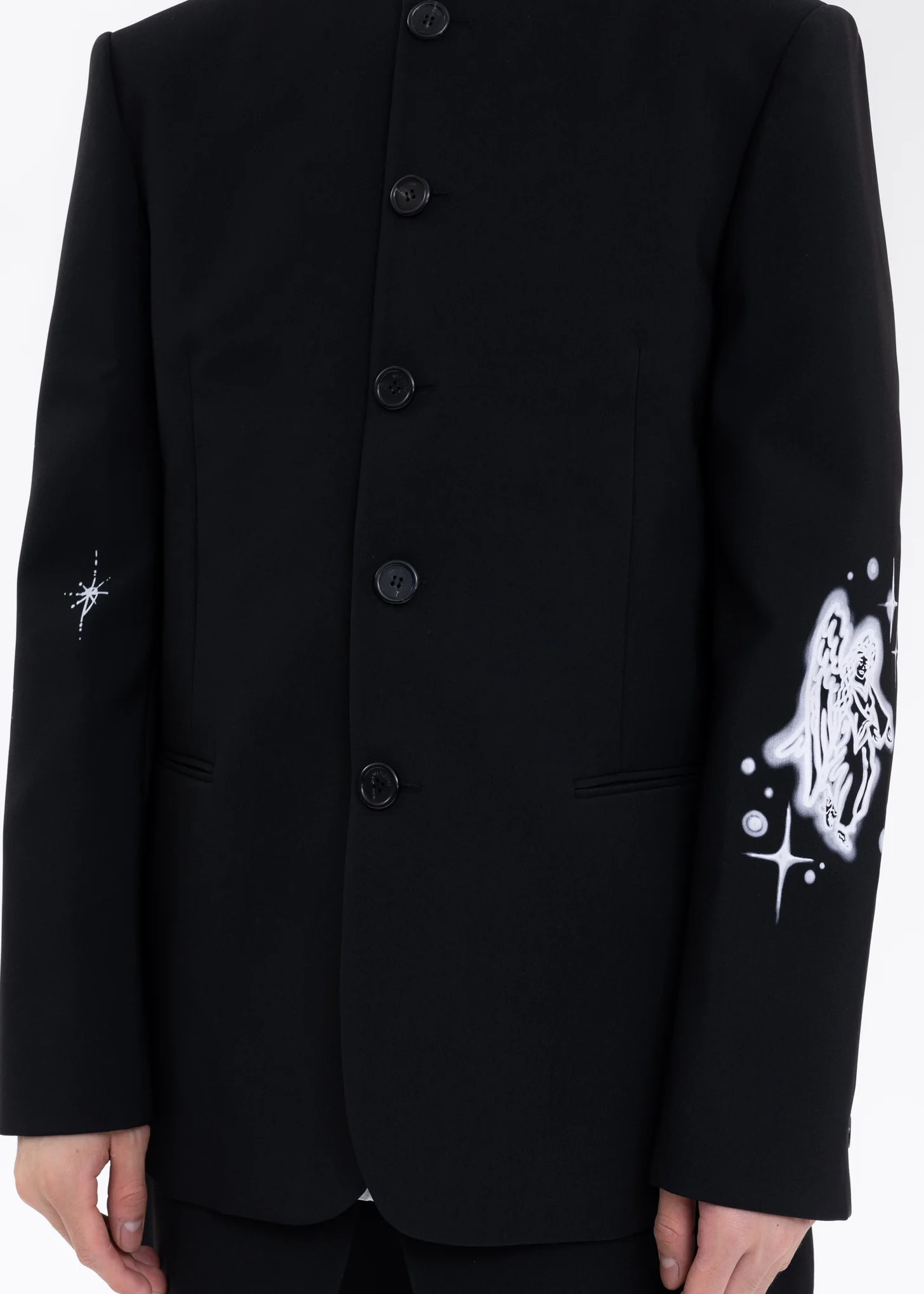 BLACK COLLARLESS JAKCET WITH WHITE-PRINT SLEEVES - Image 4