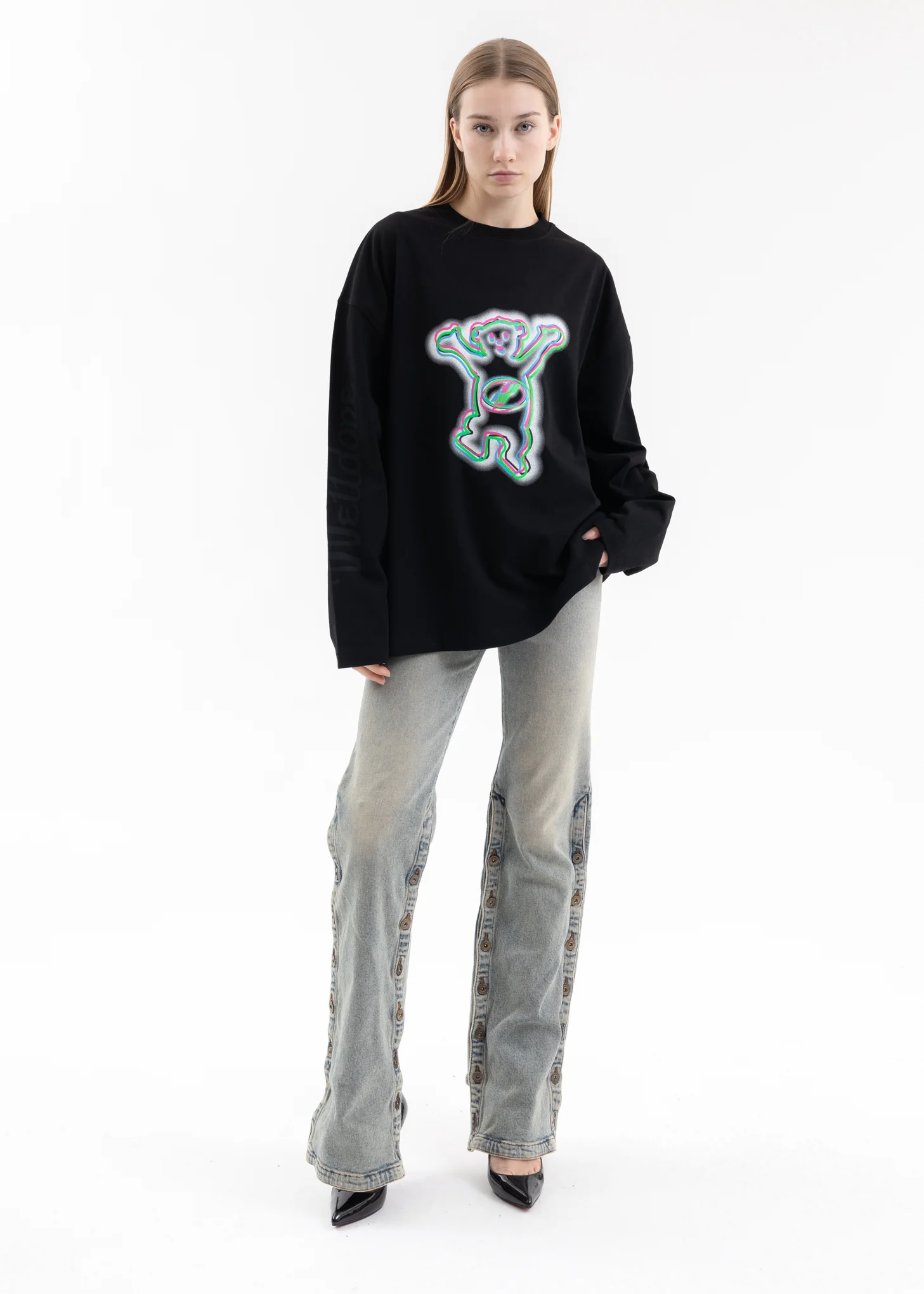 BLACK COLORFUL TEDDY PRINT LONG-SLEEVED T-SHIRT - Image 5